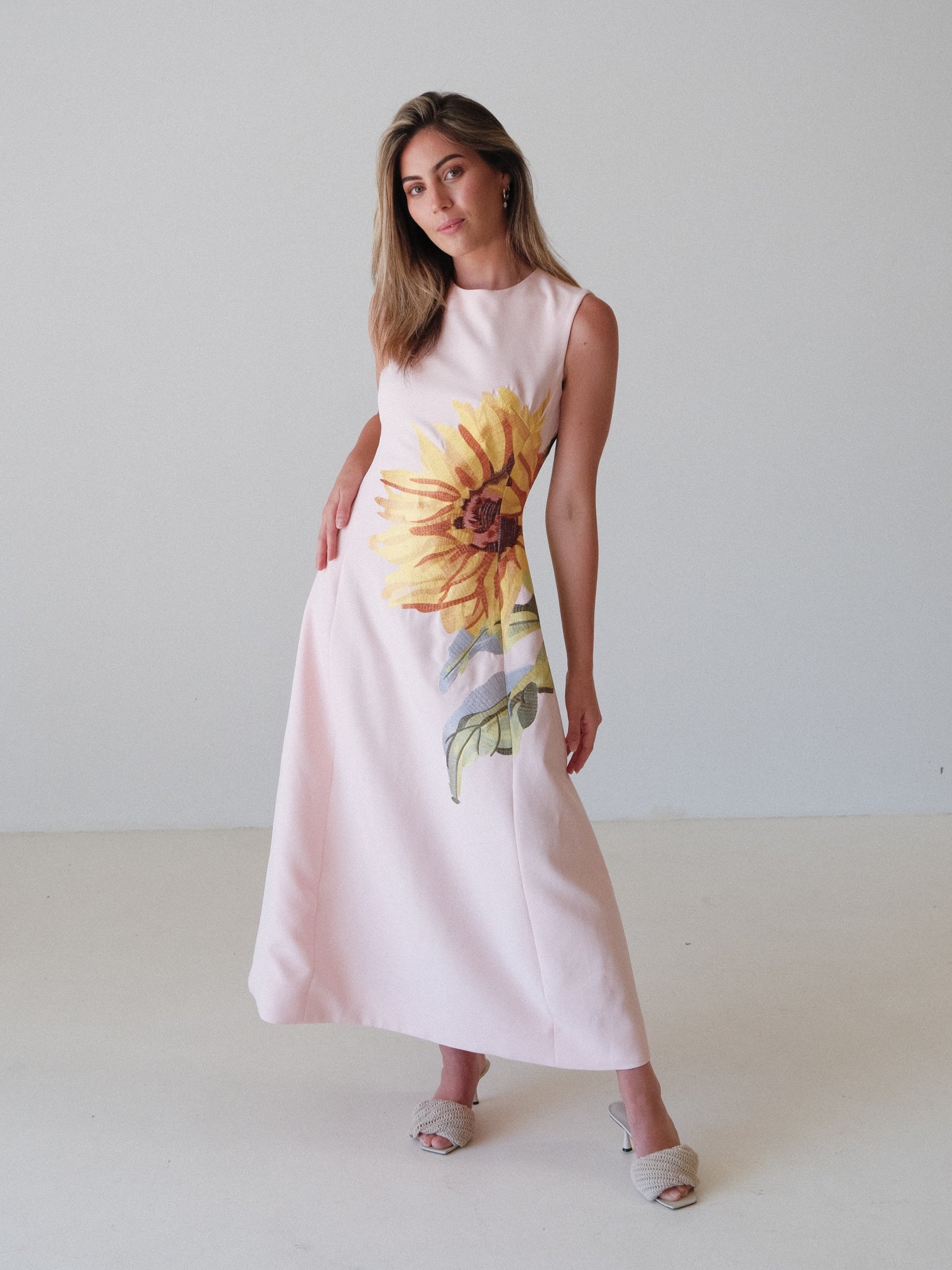 'Cleo' Sunflower Sleeveless Midi Dress, Size AU 8