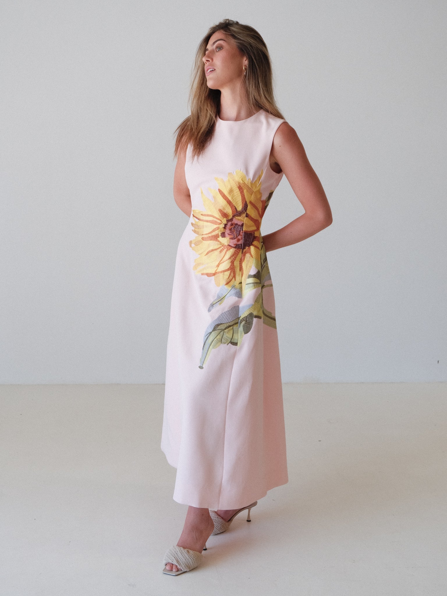 'Cleo' Sunflower Sleeveless Midi Dress, Size AU 8