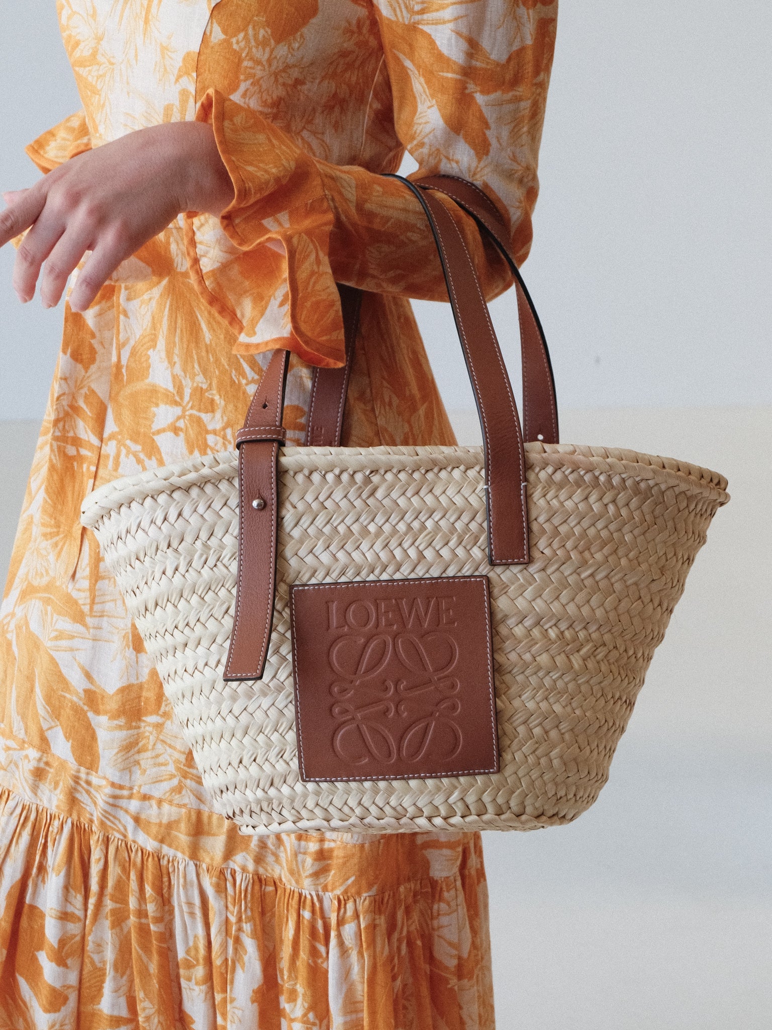 Palm Leaf and Calfskin Woven Basket Bag, Size M