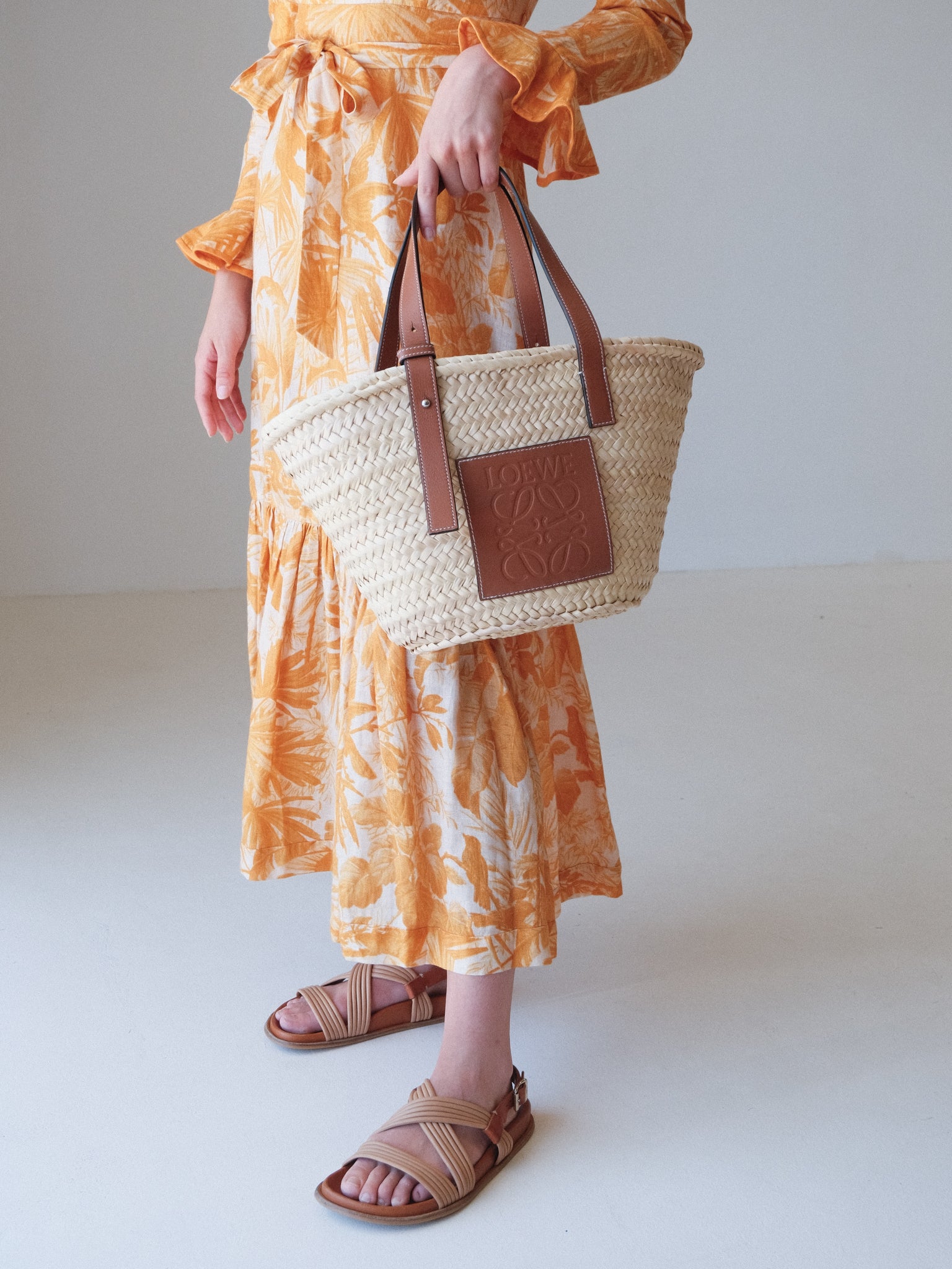 Palm Leaf and Calfskin Woven Basket Bag, Size M