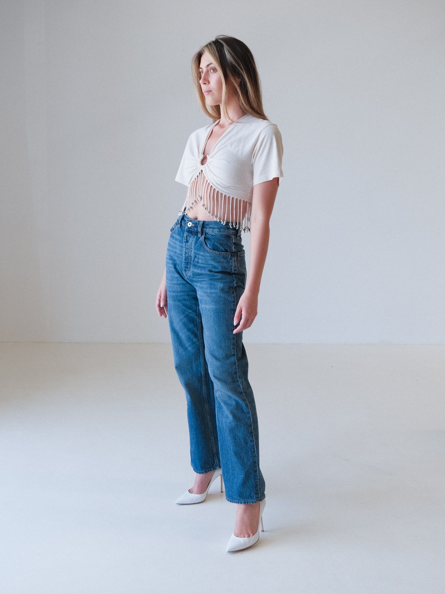 Fringed Beaded Cotton Jersey Crop Top, Size FR 36 | AU 8