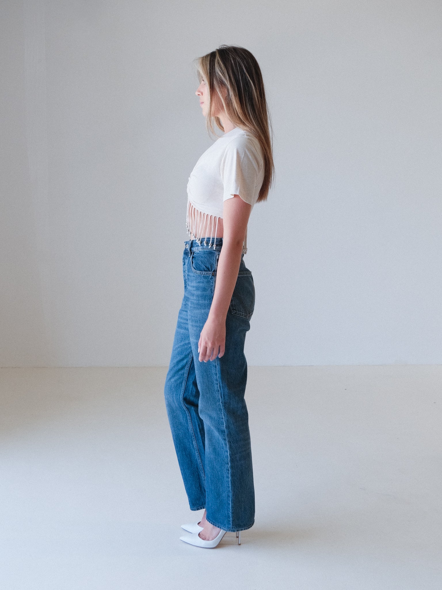 Fringed Beaded Cotton Jersey Crop Top, Size FR 36 | AU 8