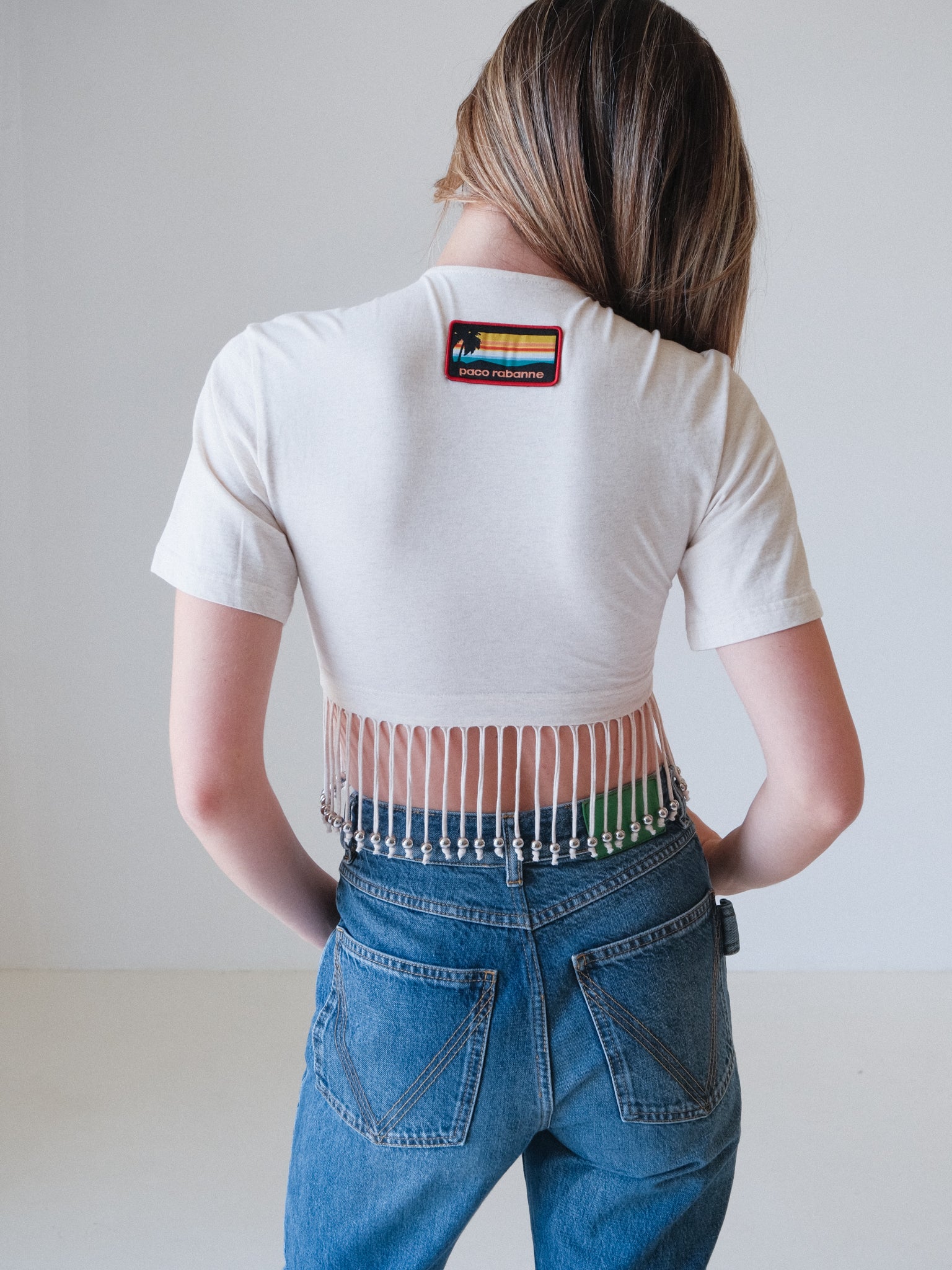 Fringed Beaded Cotton Jersey Crop Top, Size FR 36 | AU 8