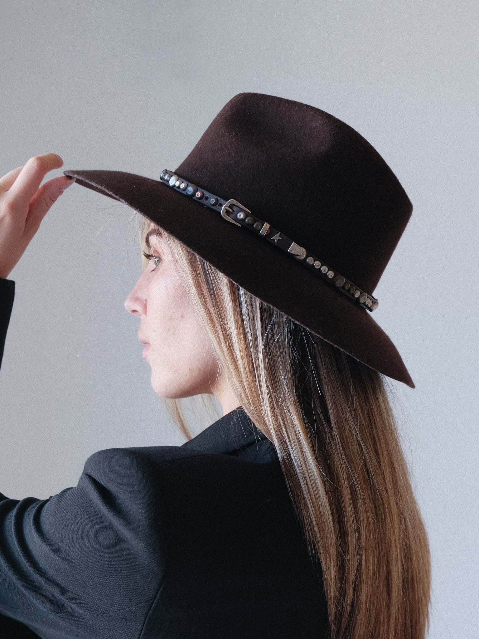Studded Wool Fedora Hat, Size M