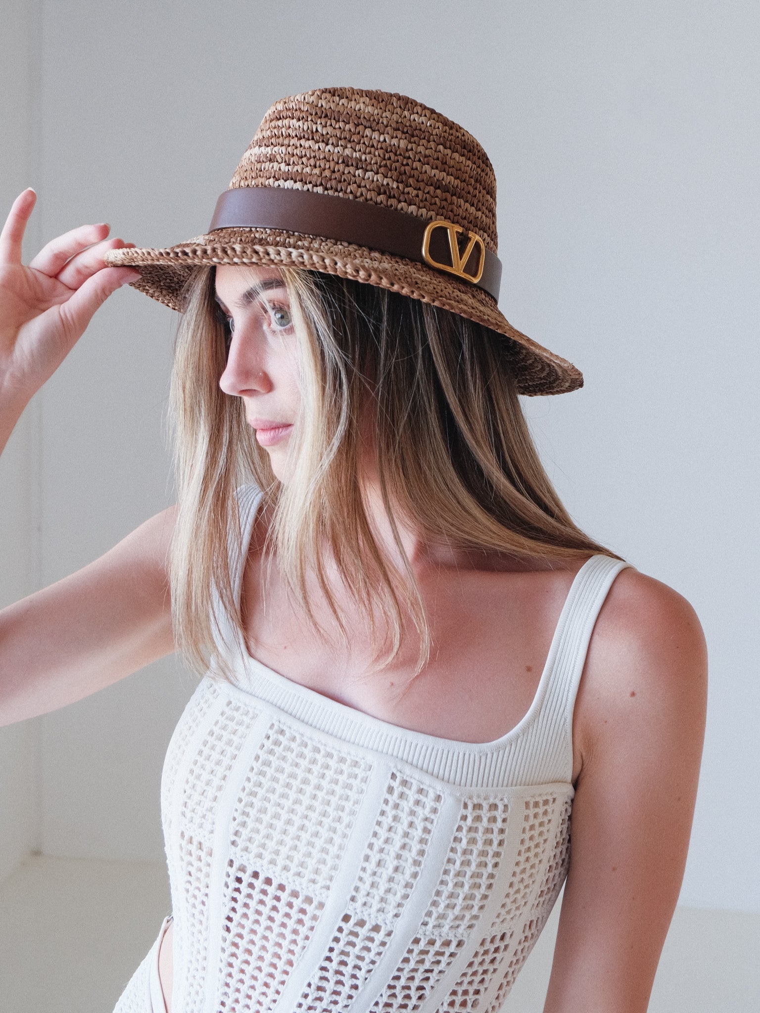 'VLogo' Straw Fedora Hat, Size L