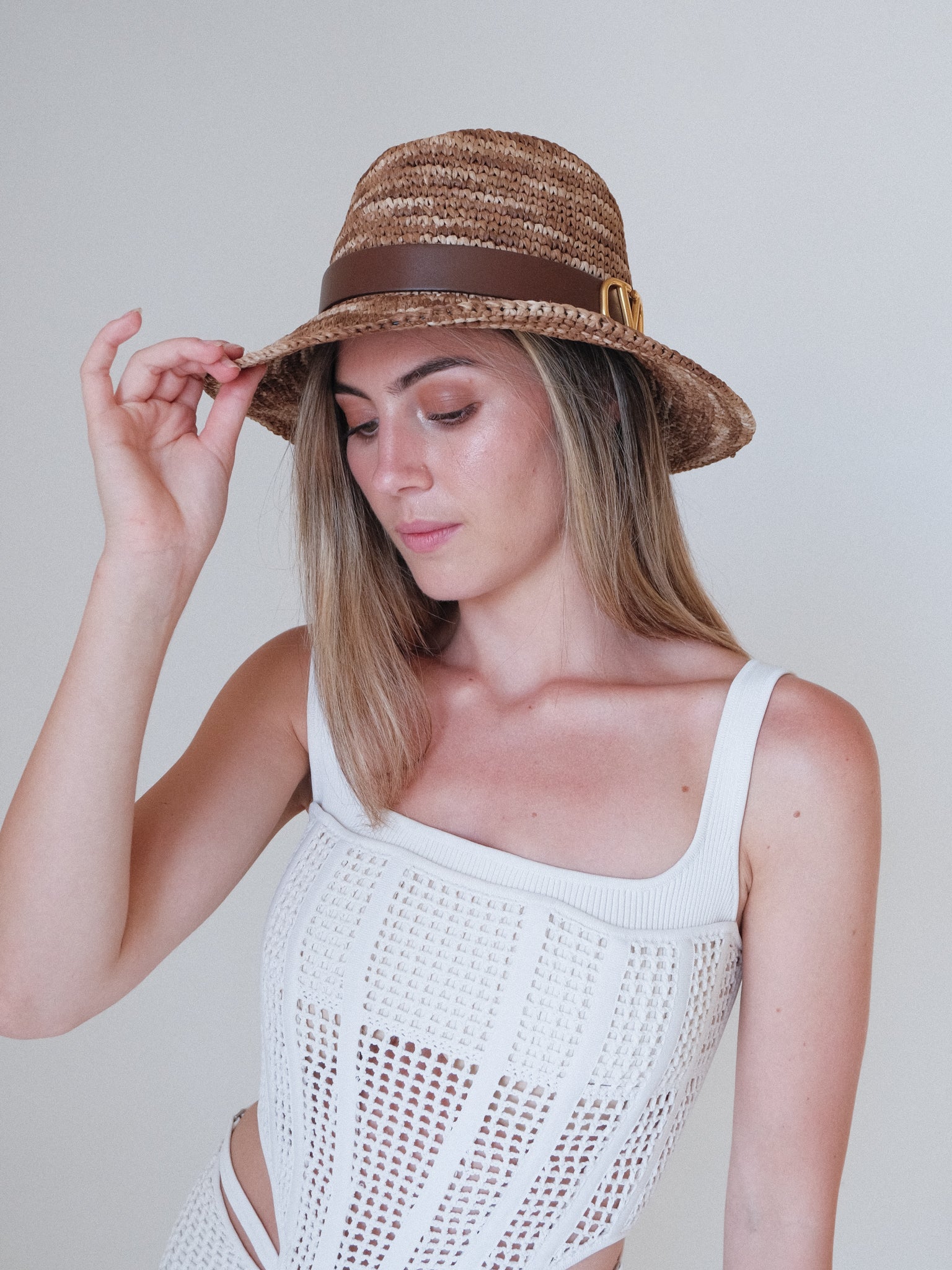 'VLogo' Straw Fedora Hat, Size L