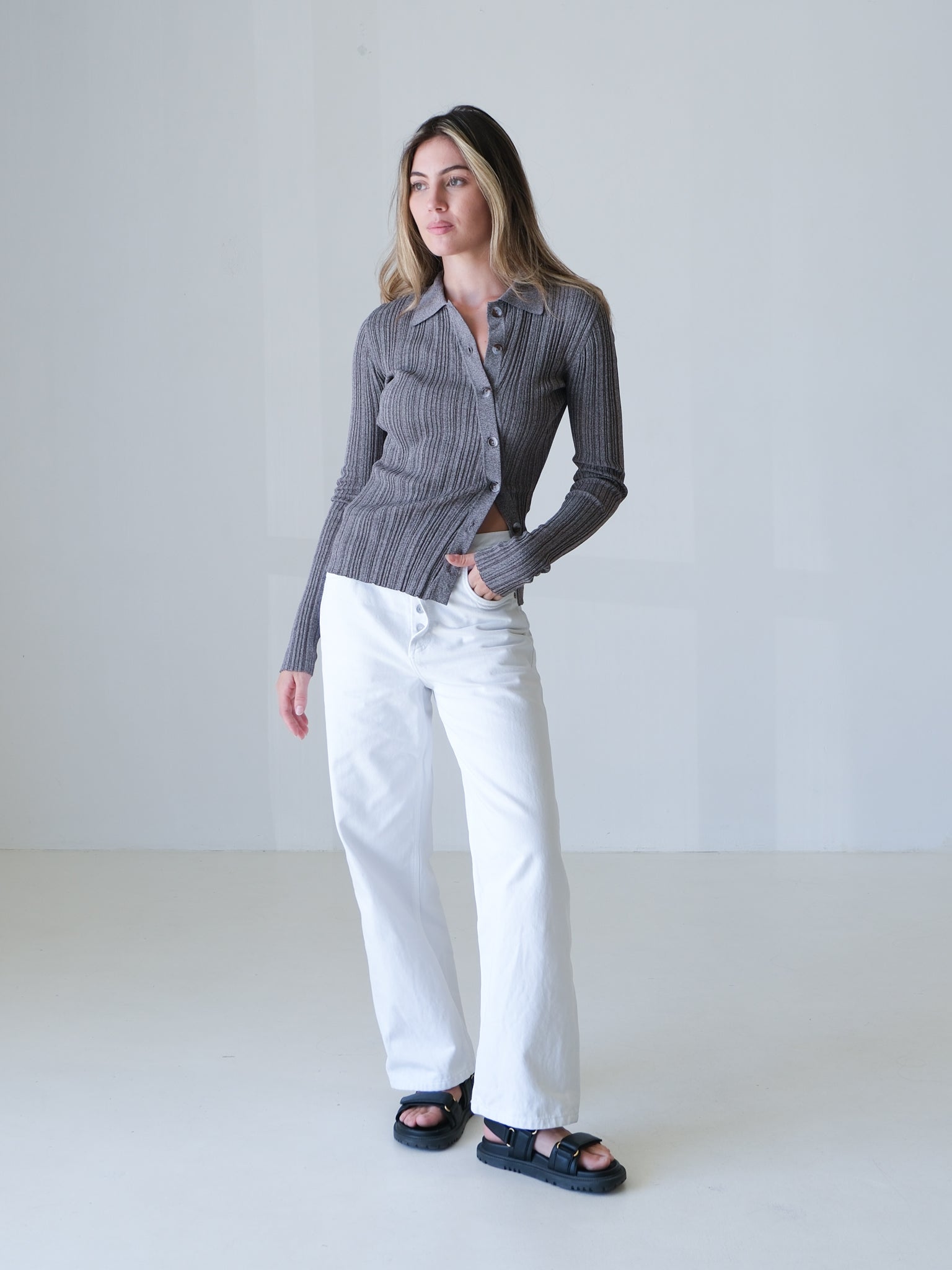 'Impasto' Asymmetric Ribbed Knit Polo Top, Size 0 | AU 6