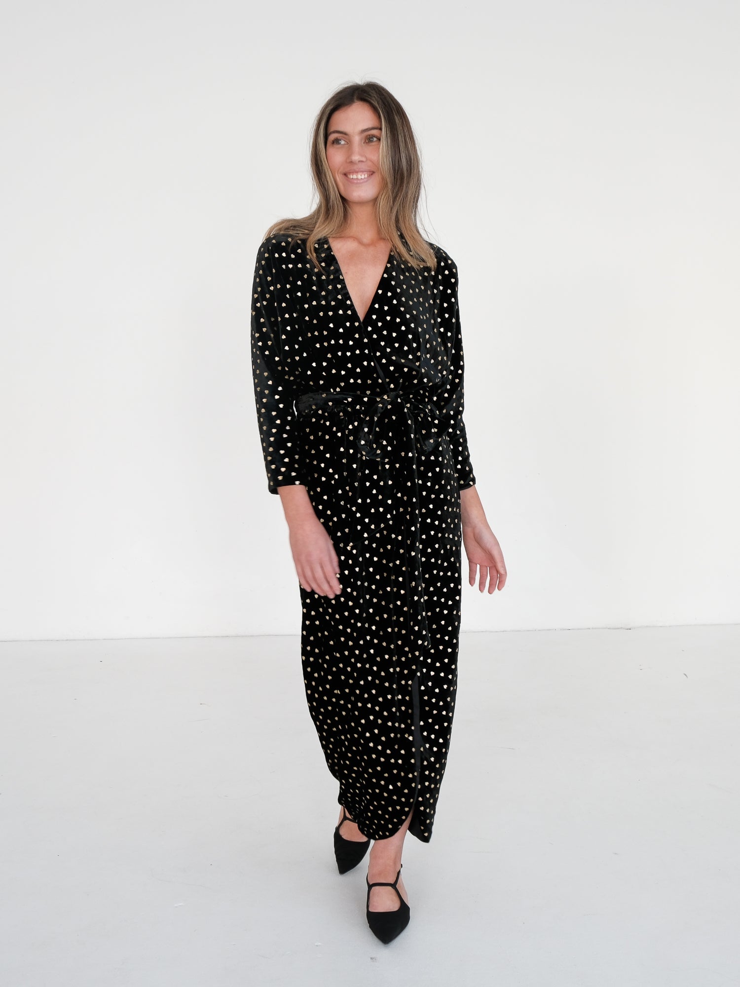 Foiled Heart Velvet Midi Dress, Size AU 8
