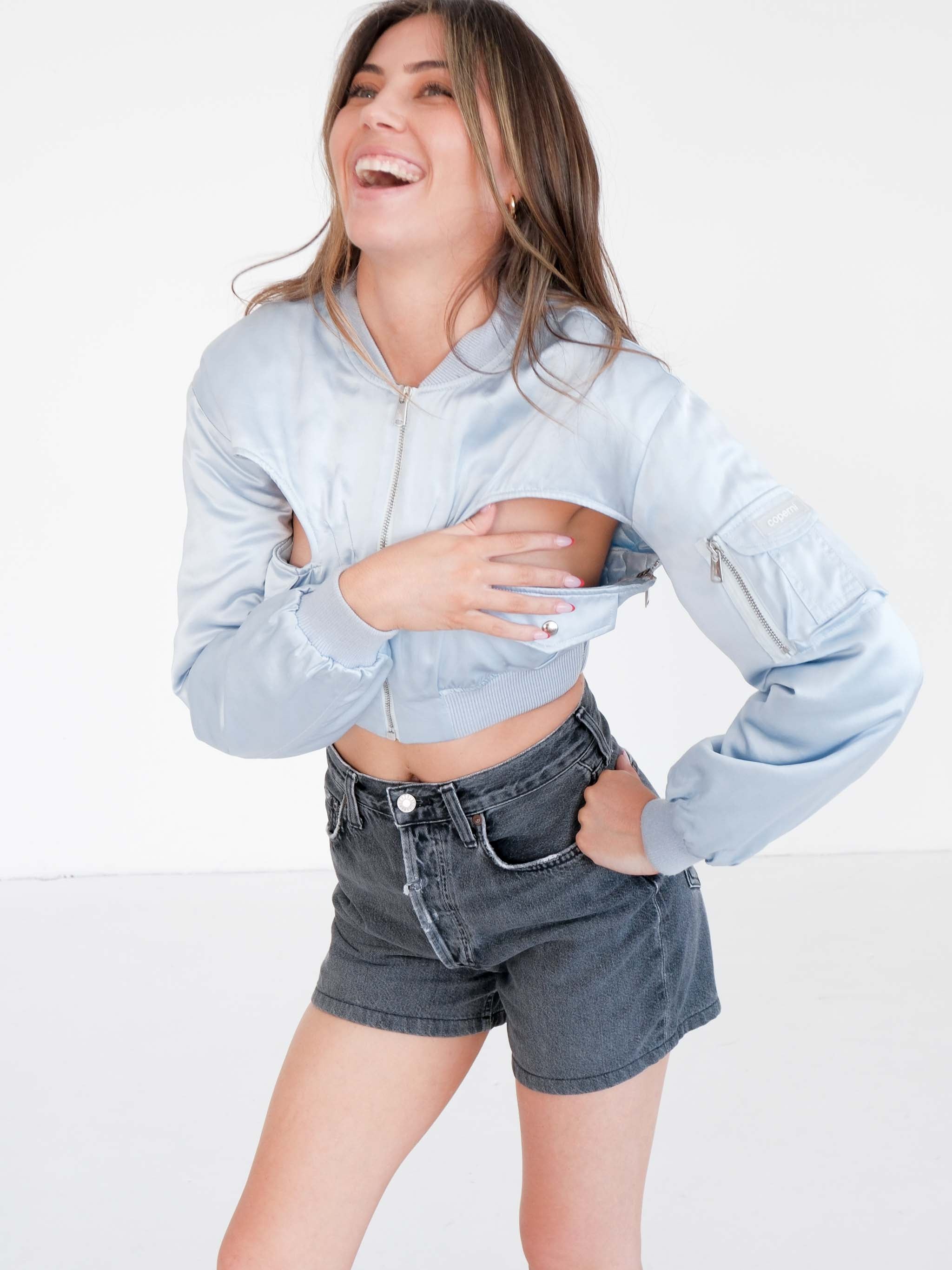 Cut-Out Cropped Bomber Jacket, Size AU 8