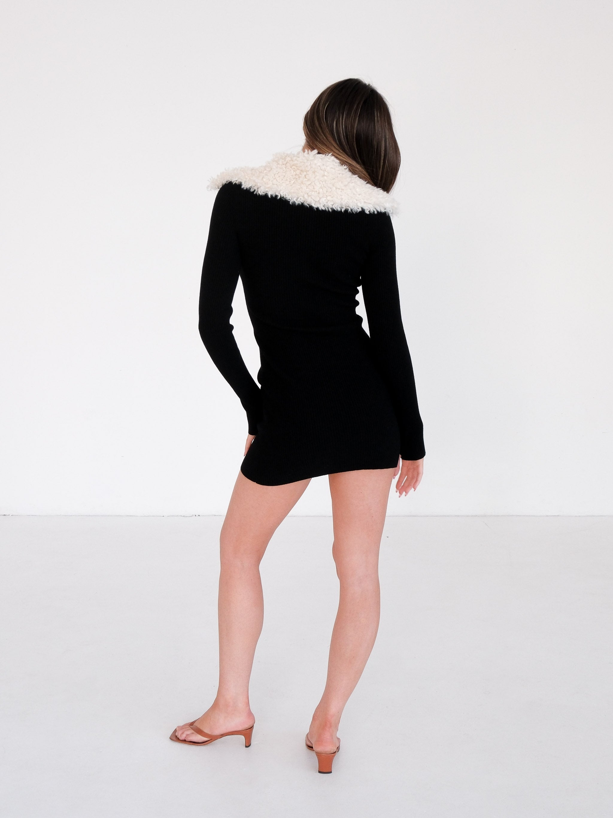Faux-Fur Collar Mini Dress, Size S