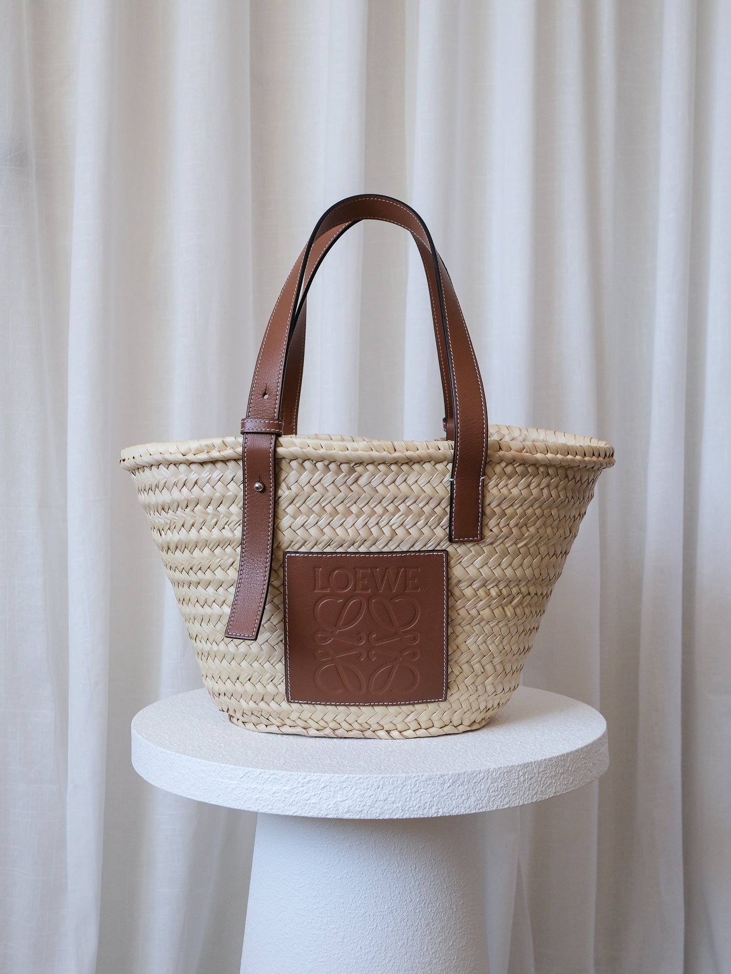 Palm Leaf and Calfskin Woven Basket Bag, Size M