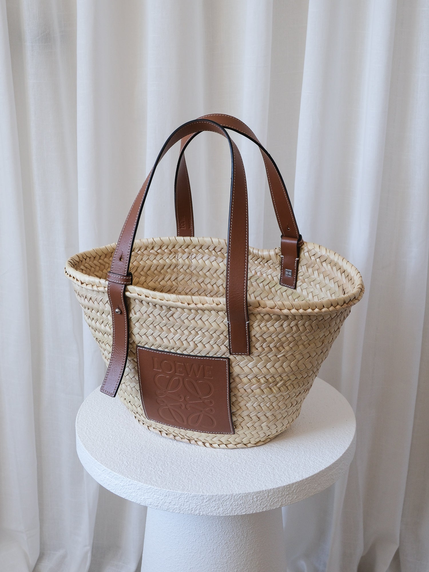 Palm Leaf and Calfskin Woven Basket Bag, Size M