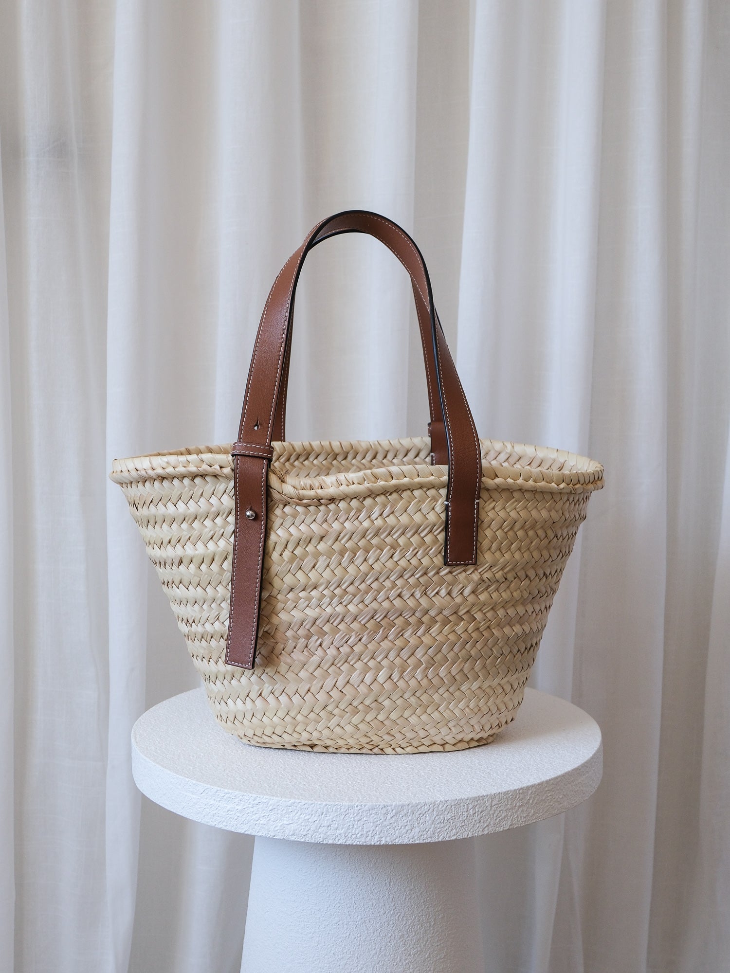 Palm Leaf and Calfskin Woven Basket Bag, Size M