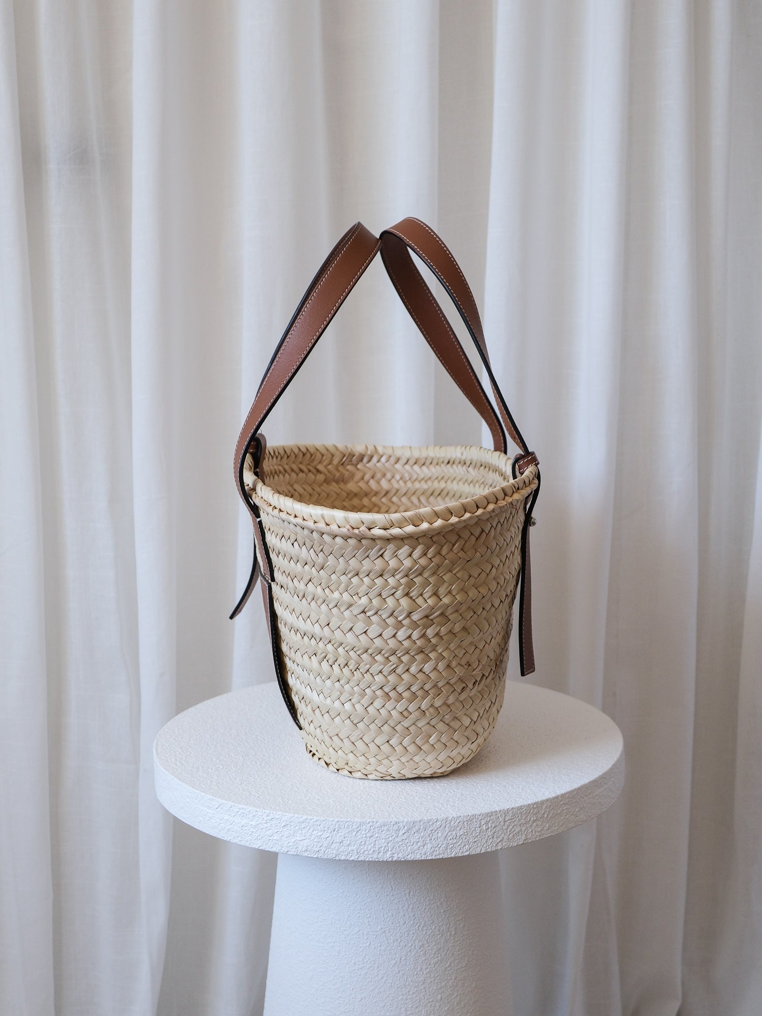 Palm Leaf and Calfskin Woven Basket Bag, Size M