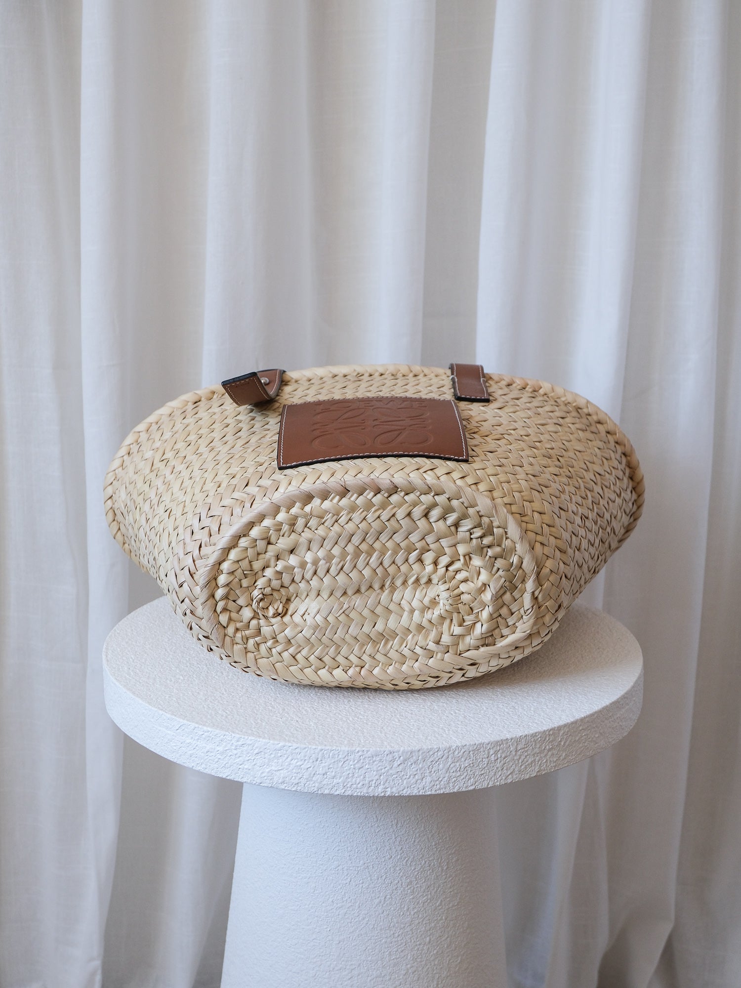 Palm Leaf and Calfskin Woven Basket Bag, Size M