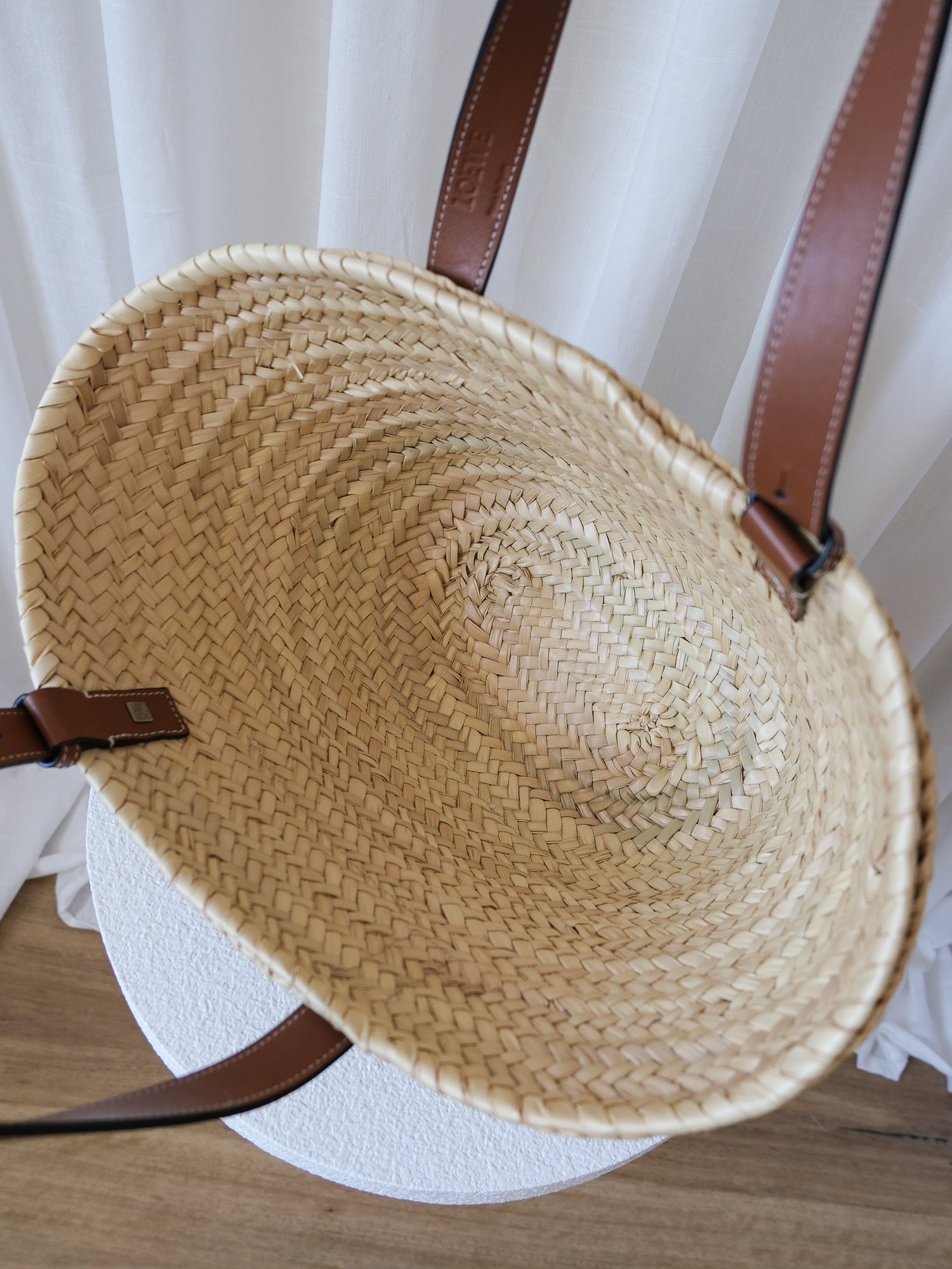 Palm Leaf and Calfskin Woven Basket Bag, Size M