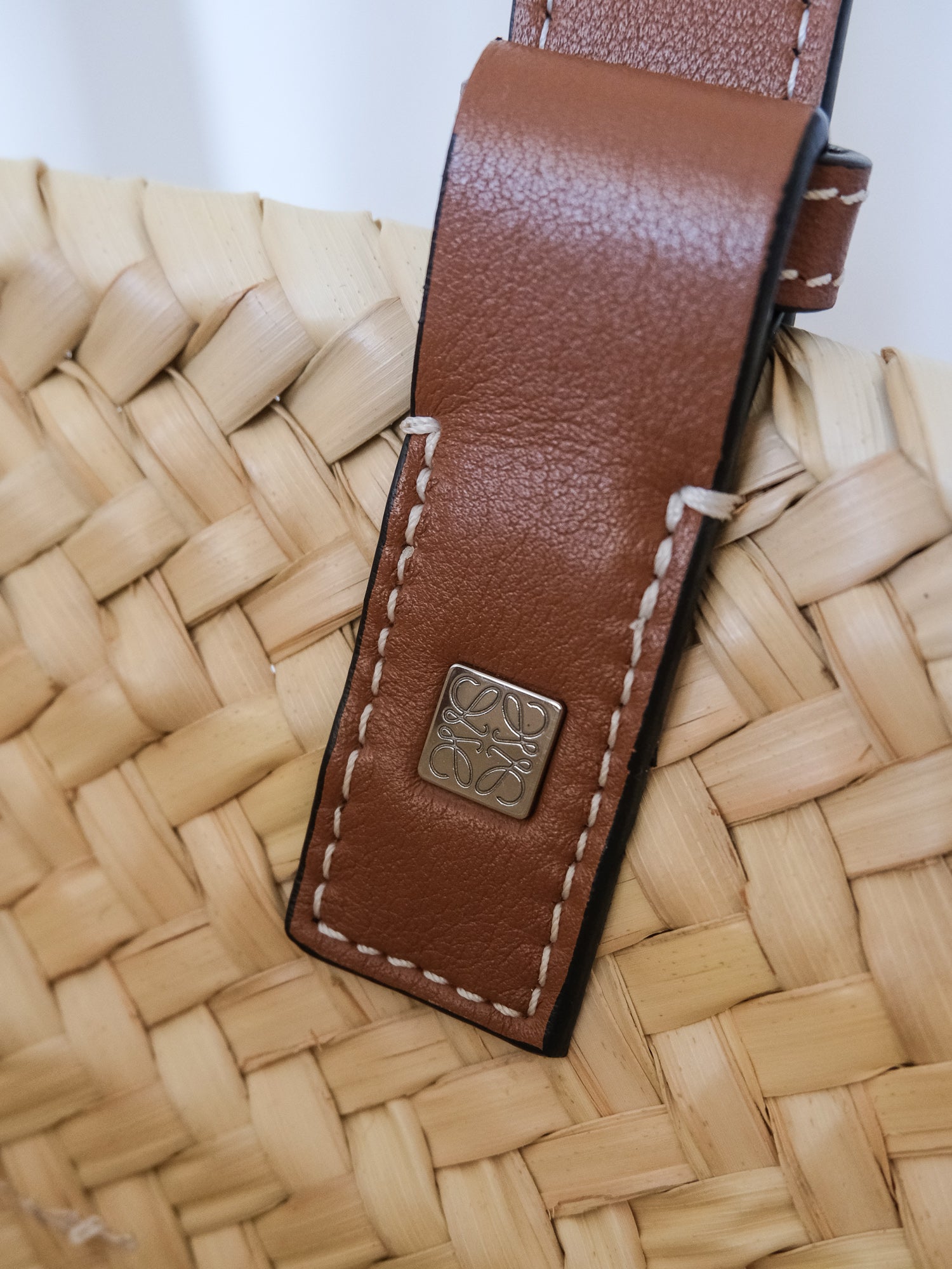 Palm Leaf and Calfskin Woven Basket Bag, Size M