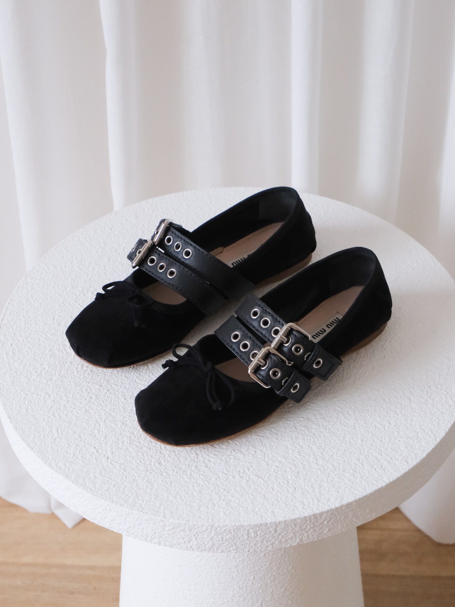 Suede Buckled Ballet Flats, Size 36