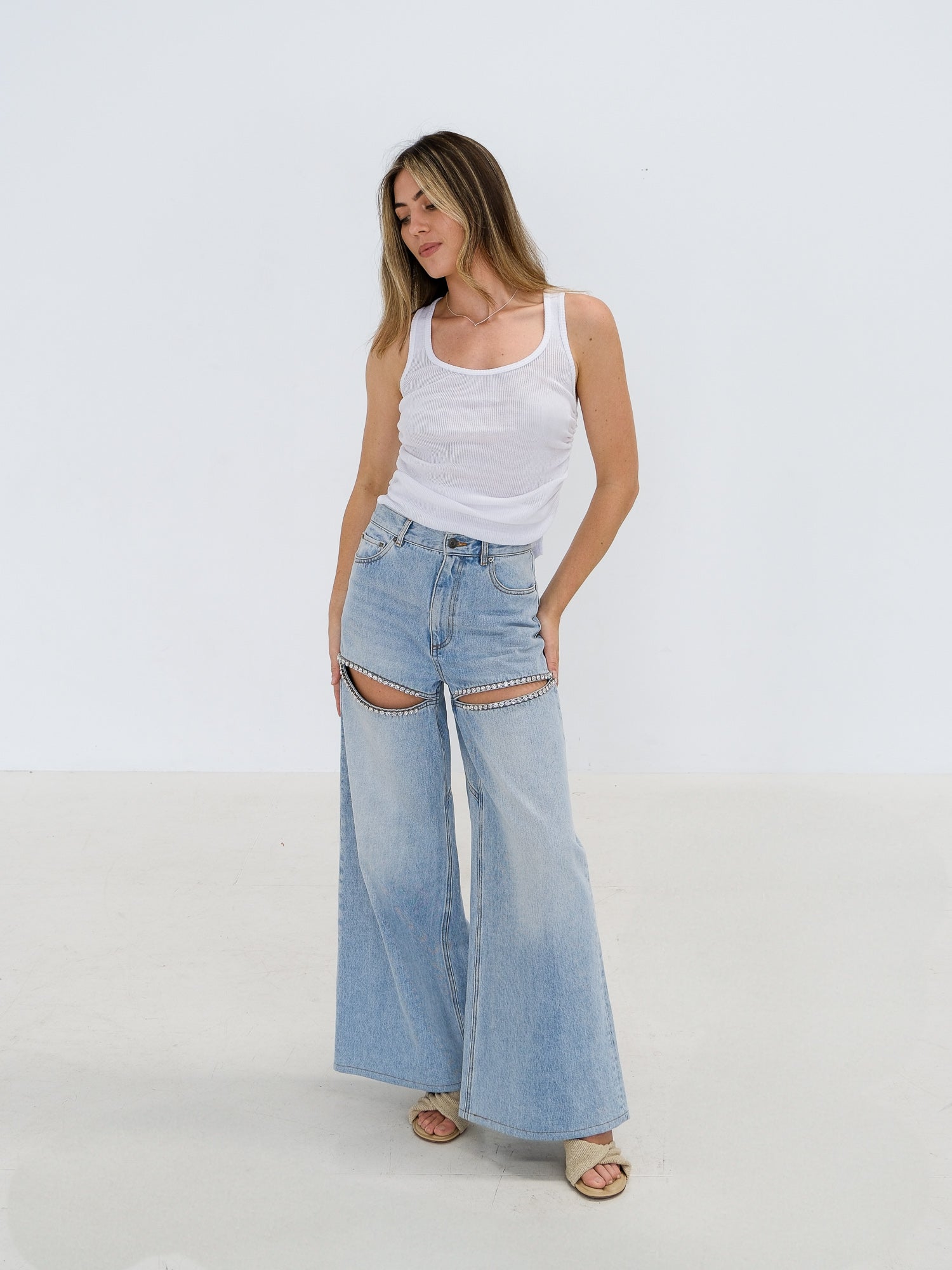 Wide Leg Crystal Slit Jeans, Size 25