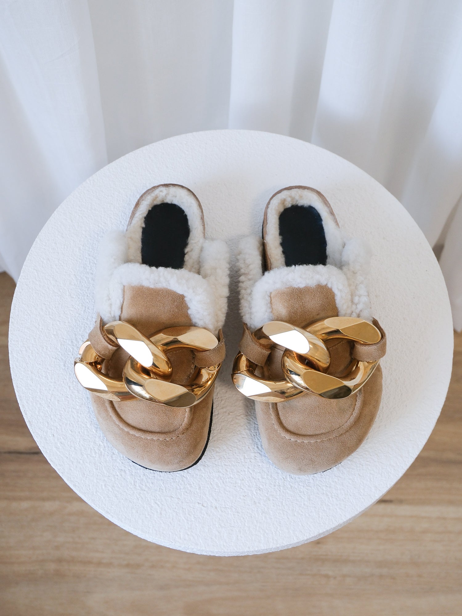 Suede Shearling Chain Slides, Size 38