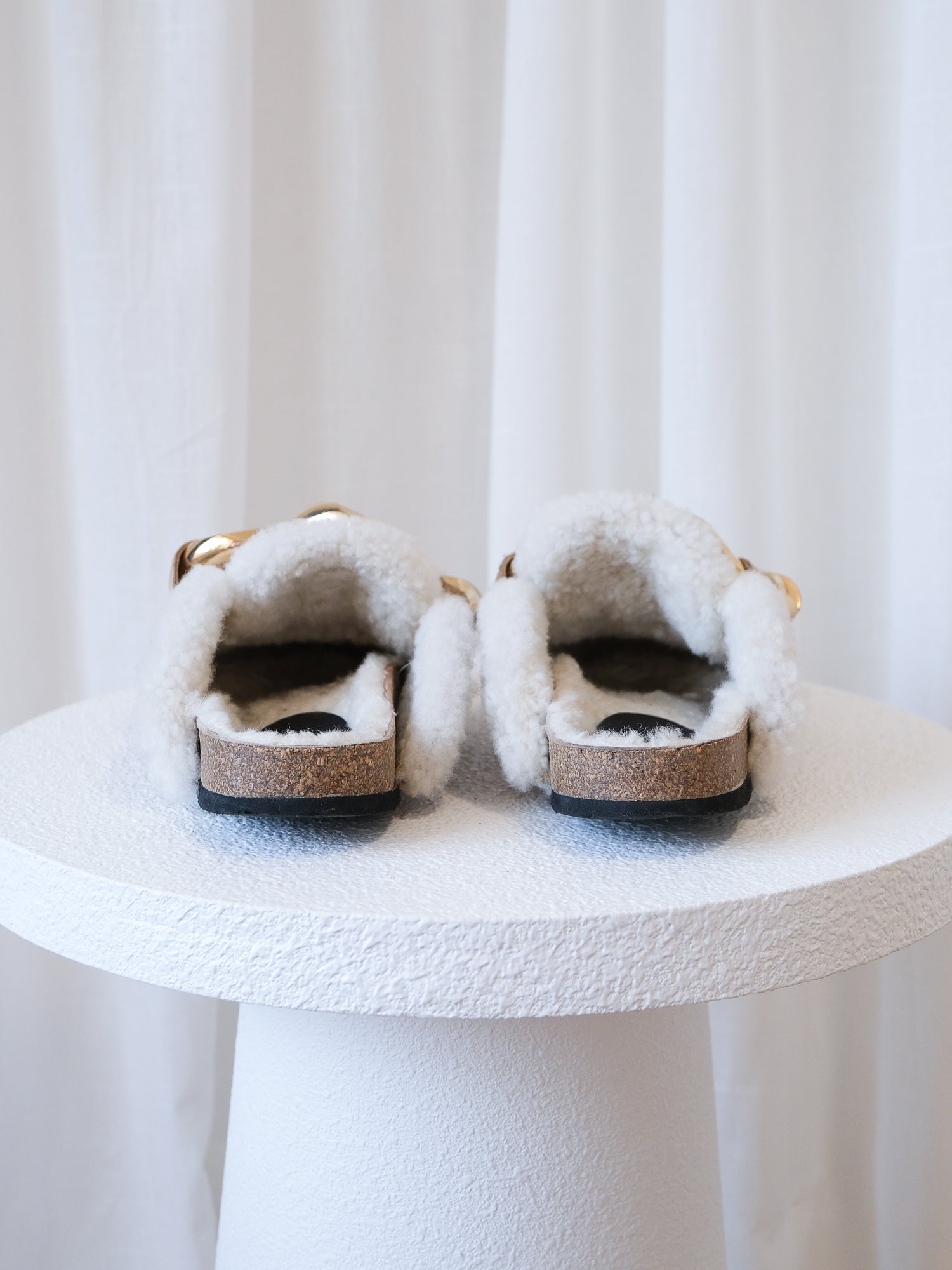 Suede Shearling Chain Slides, Size 38