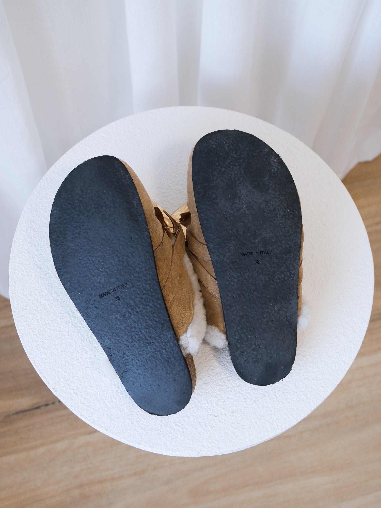 Suede Shearling Chain Slides, Size 38