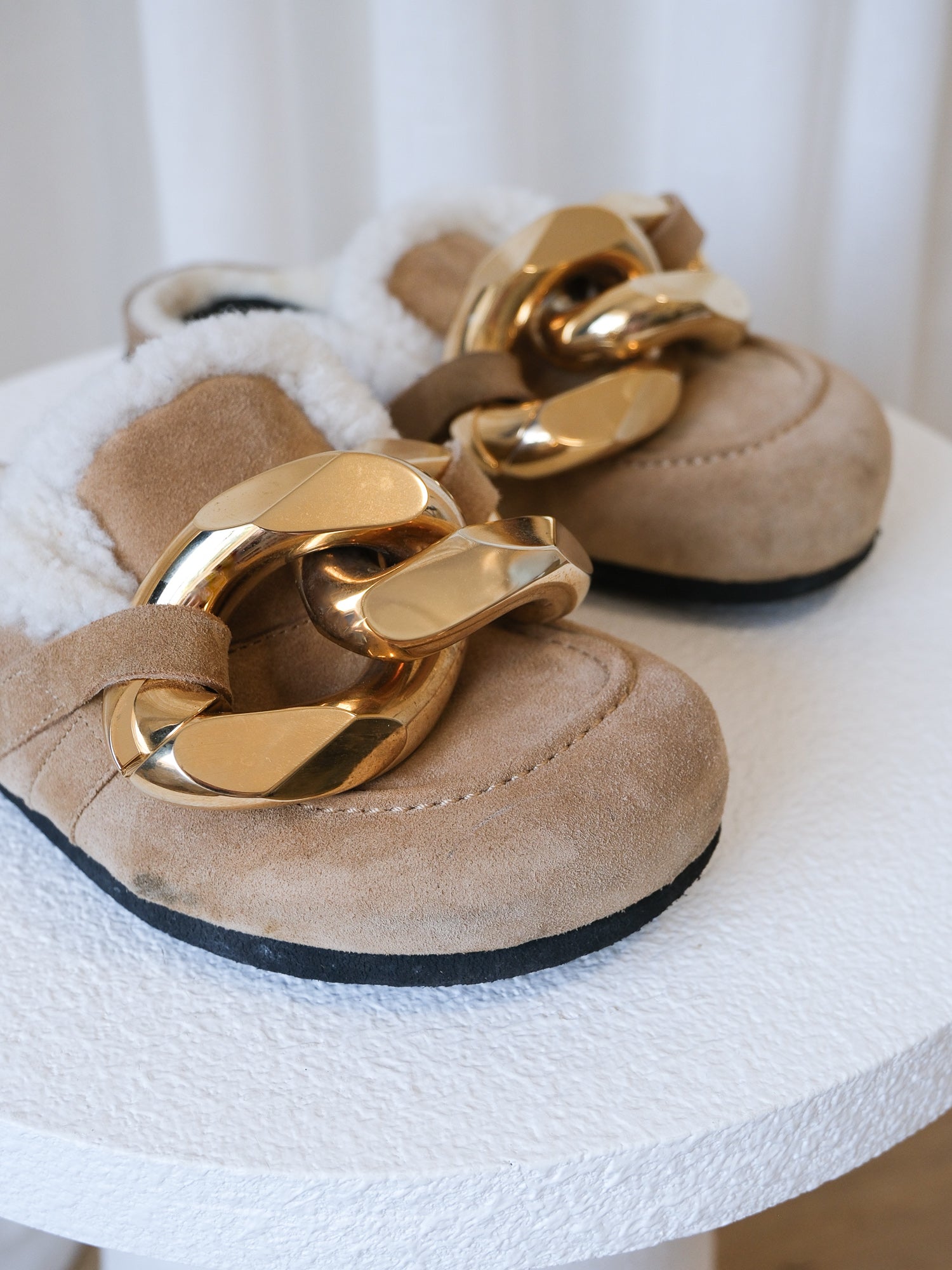 Suede Shearling Chain Slides, Size 38