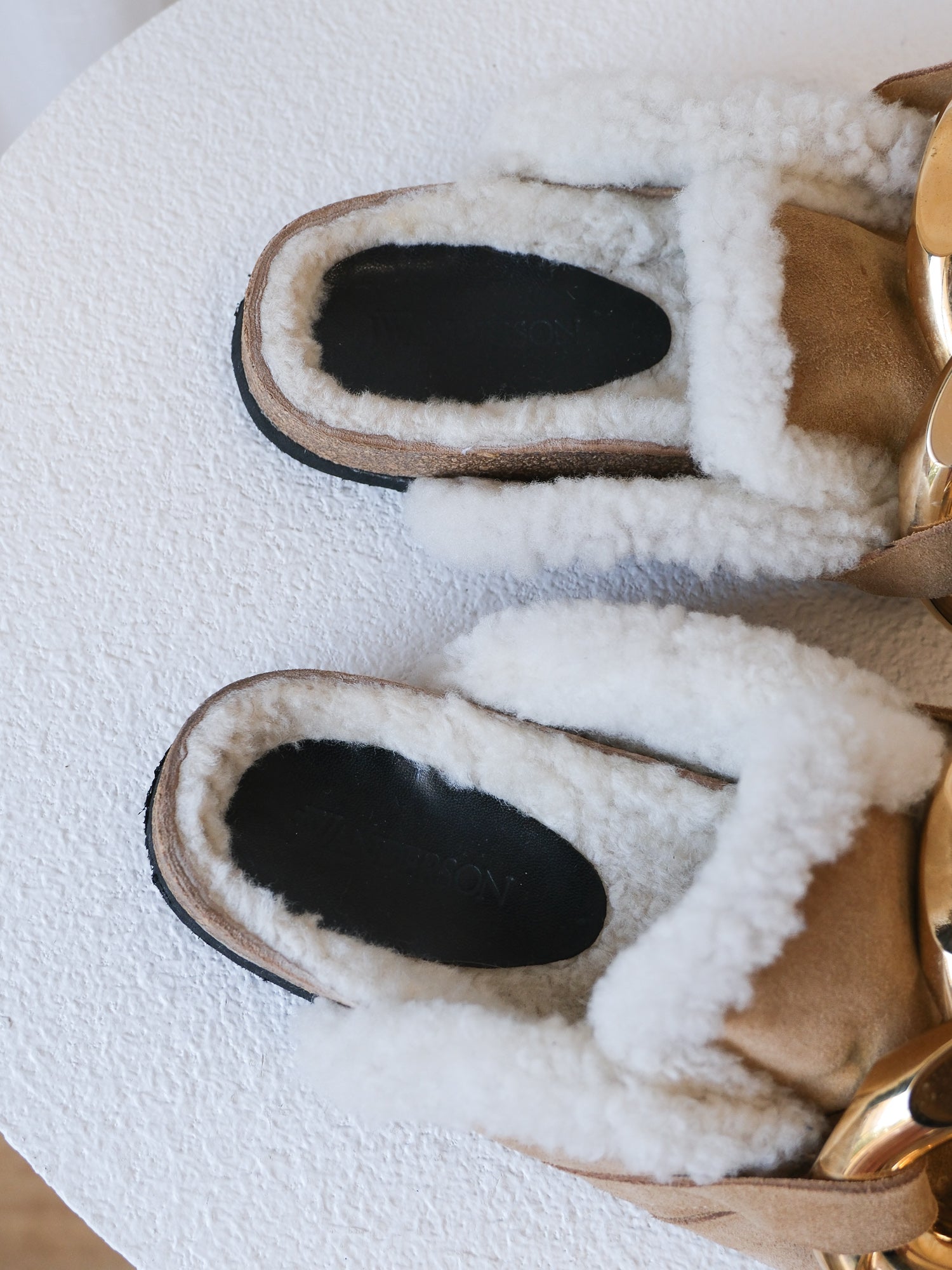 Suede Shearling Chain Slides, Size 38