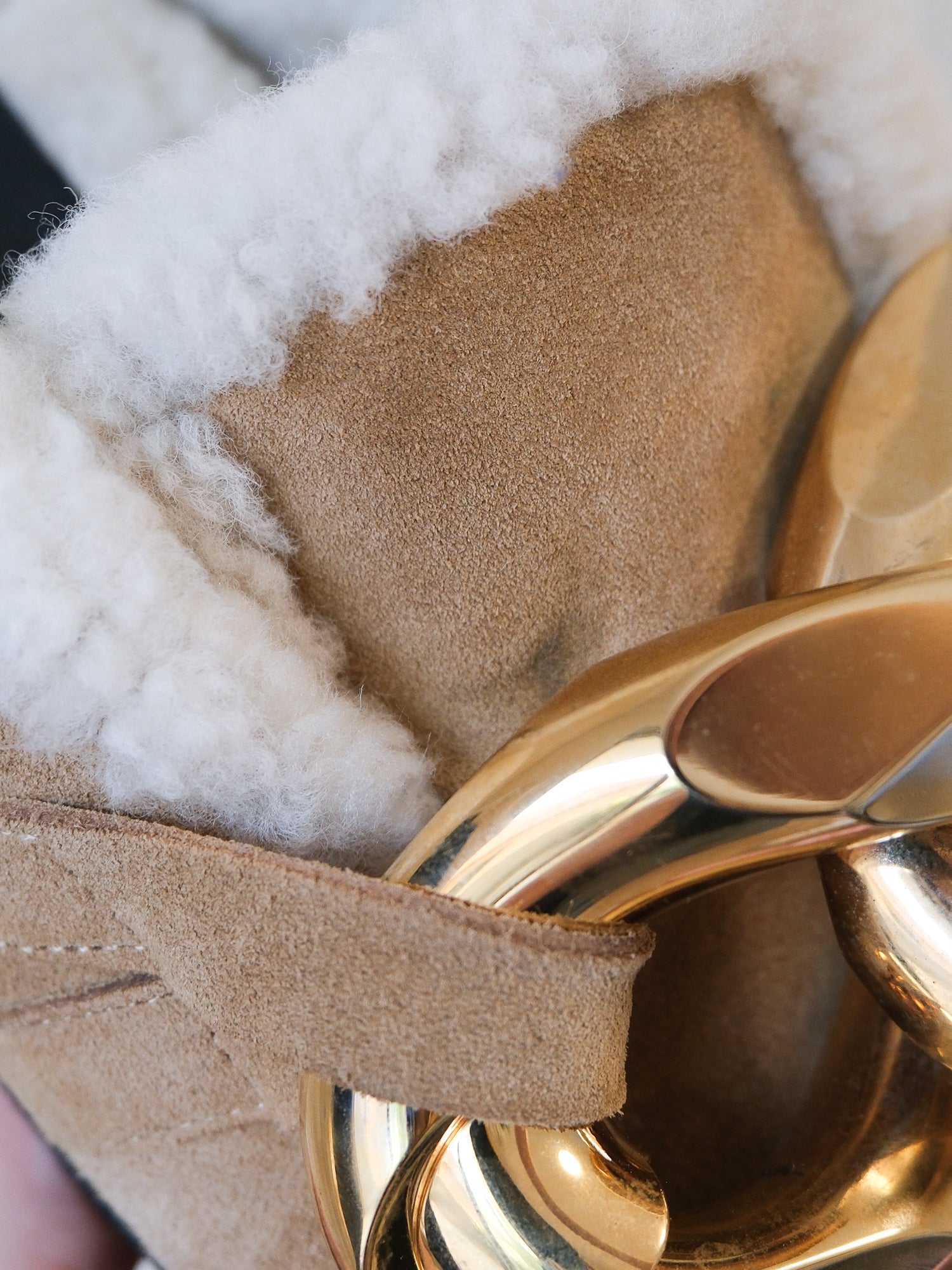 Suede Shearling Chain Slides, Size 38