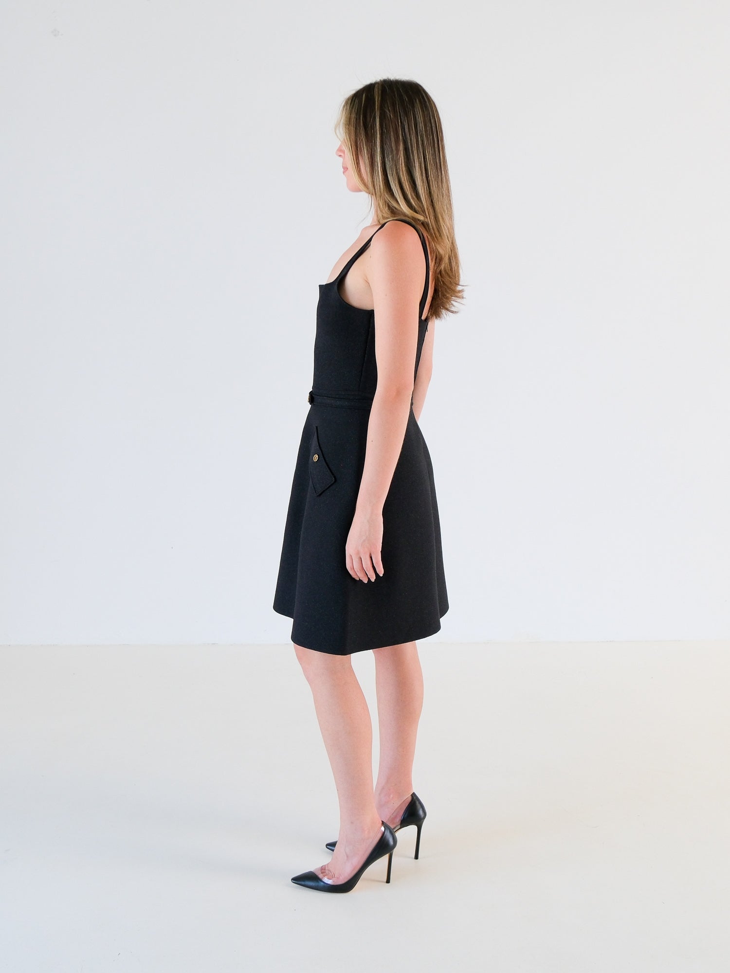 Crepe Knit Square Pocket Mini Dress, Size M