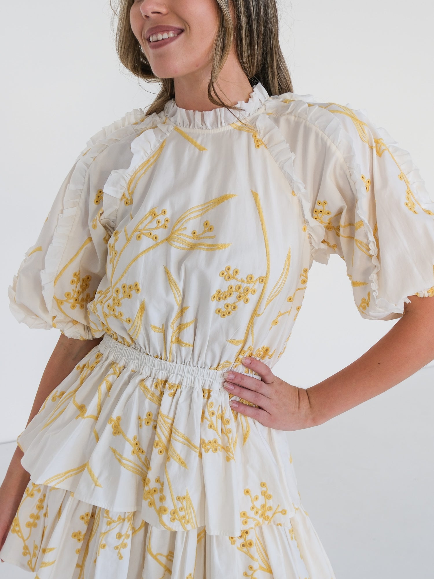 'Mimosa' Broderie Frill Mini Dress, Size AU 8