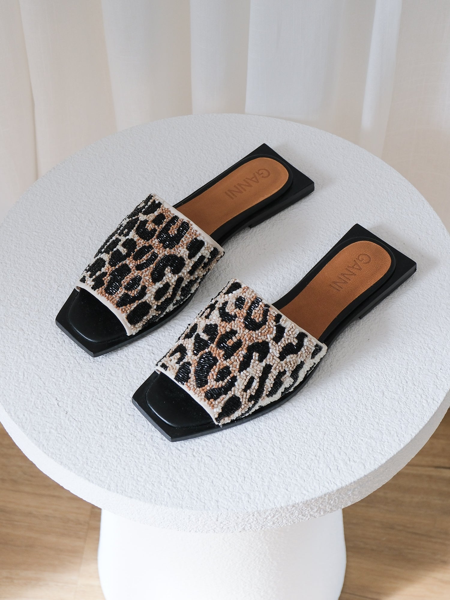 Beaded Leopard Slide Sandals, Size 36