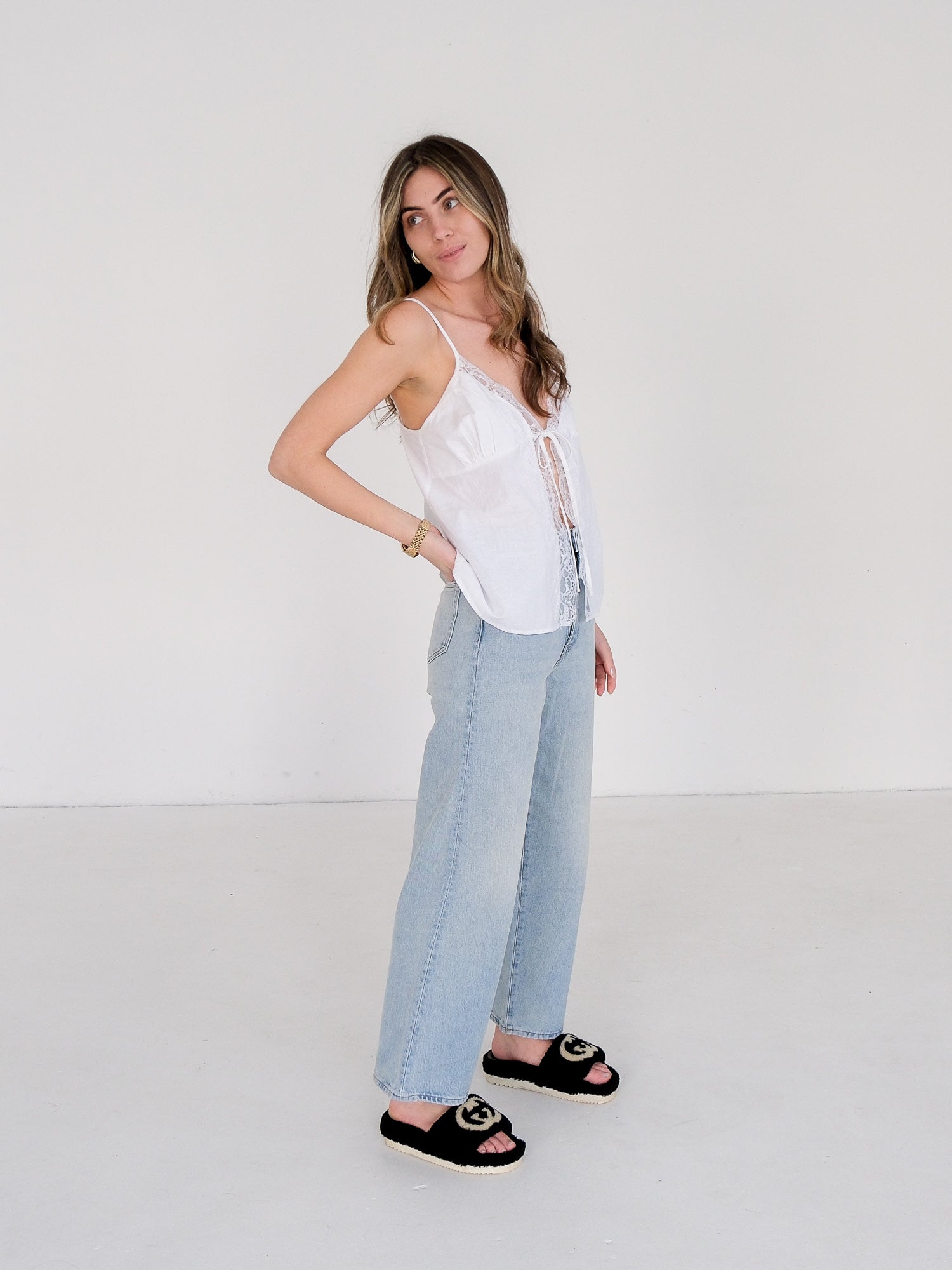 Cotton-Linen Lace Trim Cami, Size S
