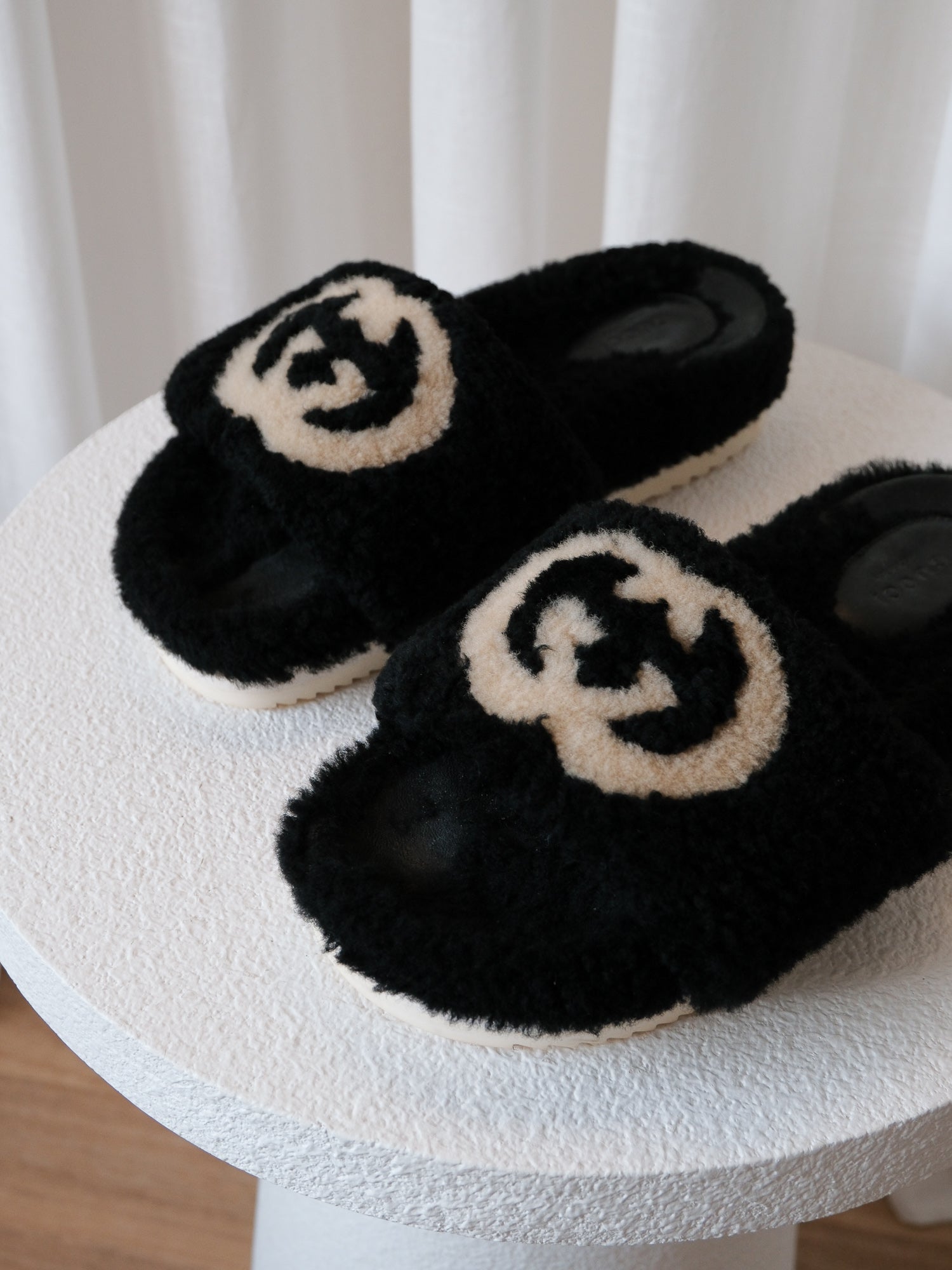 'Eileen' GG Faux Shearling Slides, Size 38