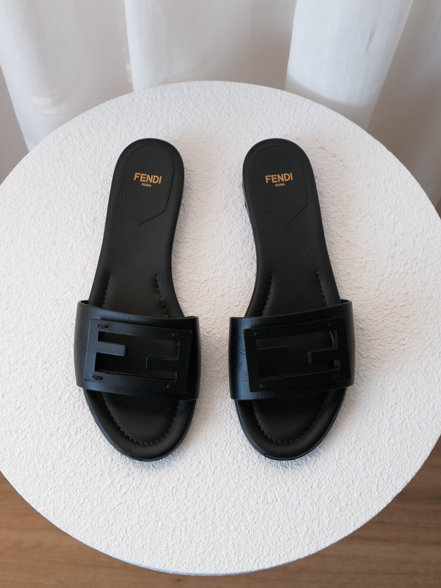 'Baguette' FF Motif Leather Slides, Size 38