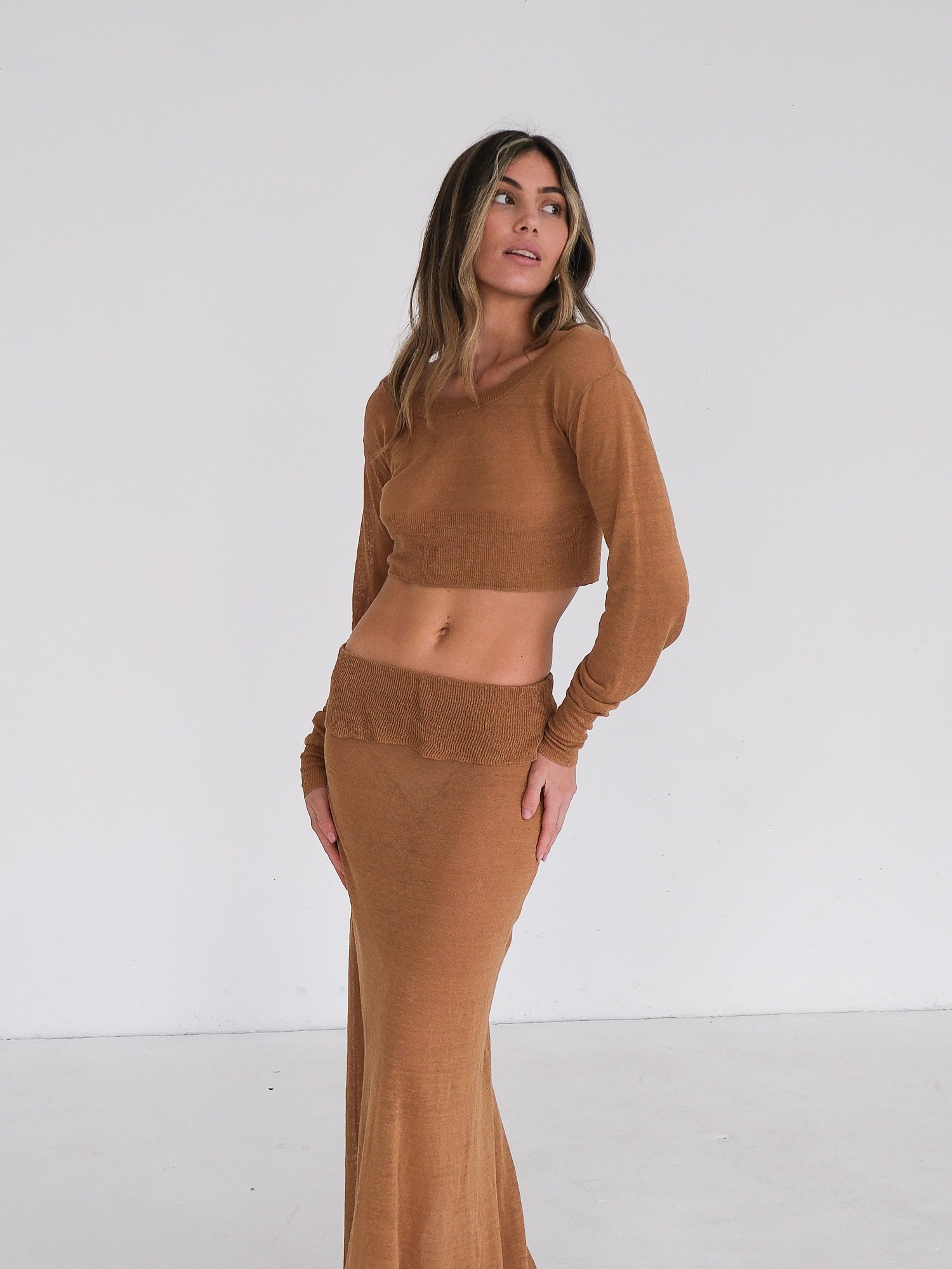'Lyca' Linen Blend Long Sleeve Knit T-Shirt, Size S