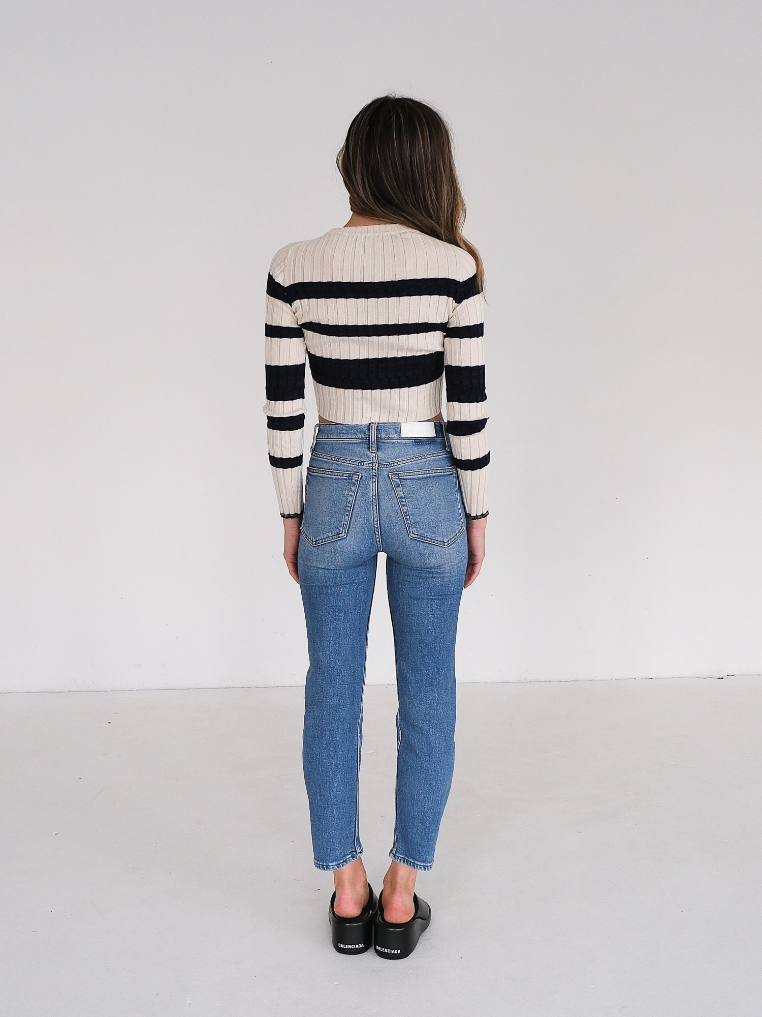 Striped Wool Blend Cropped Knit Sweater, Size XS