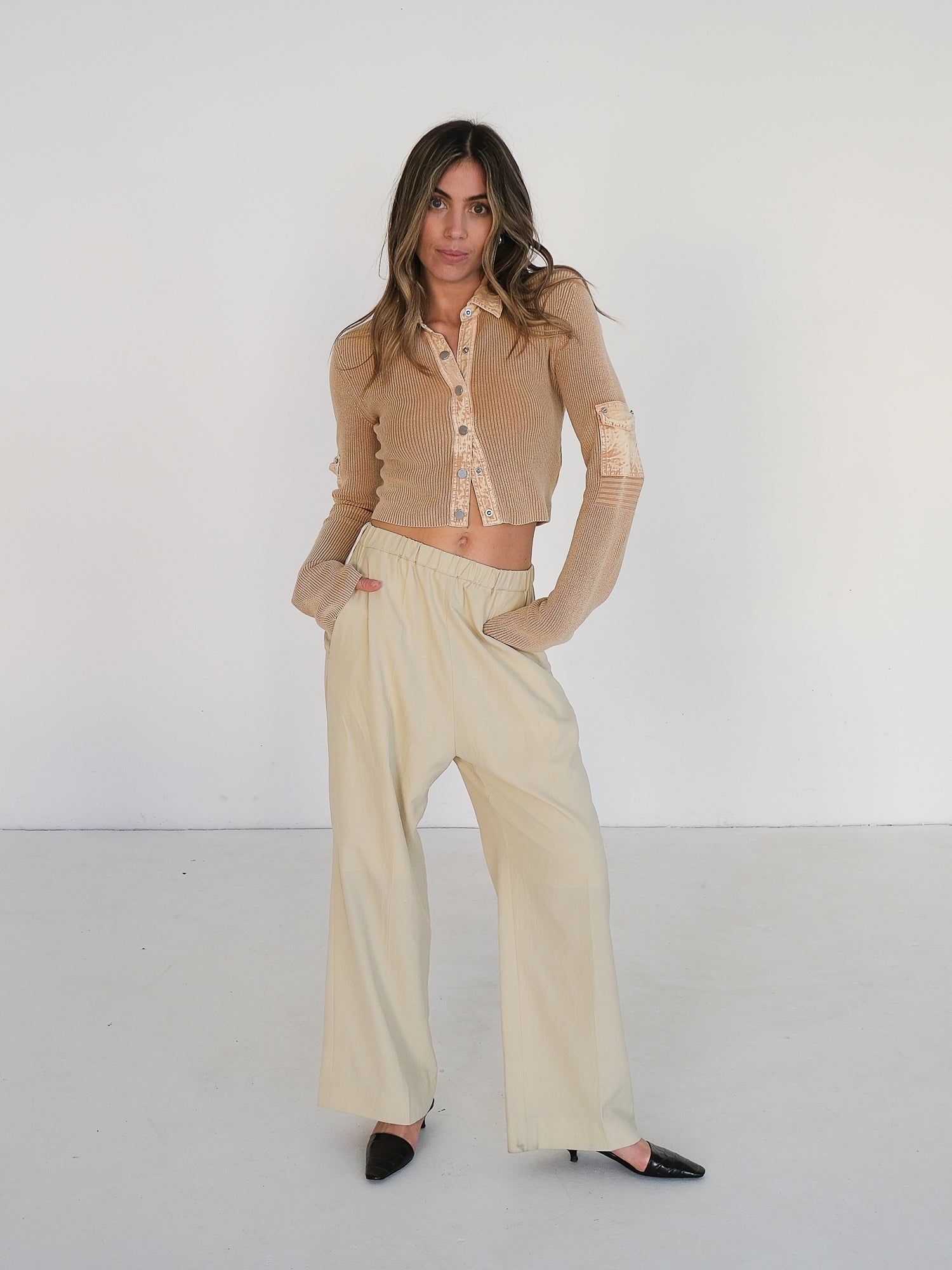 Garment-Dyed Cropped Knit Cardigan, Size S