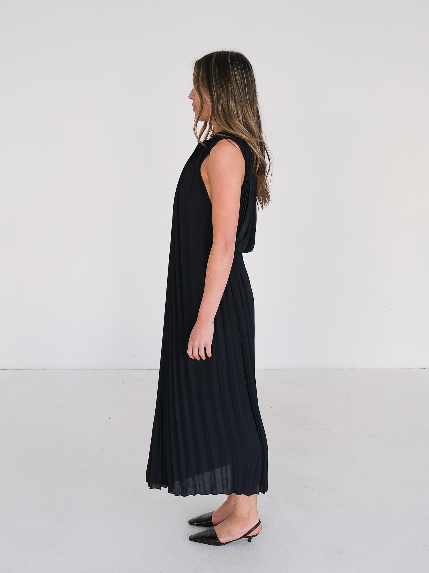 Pleated Open Back Midi Dress, Size AU 8