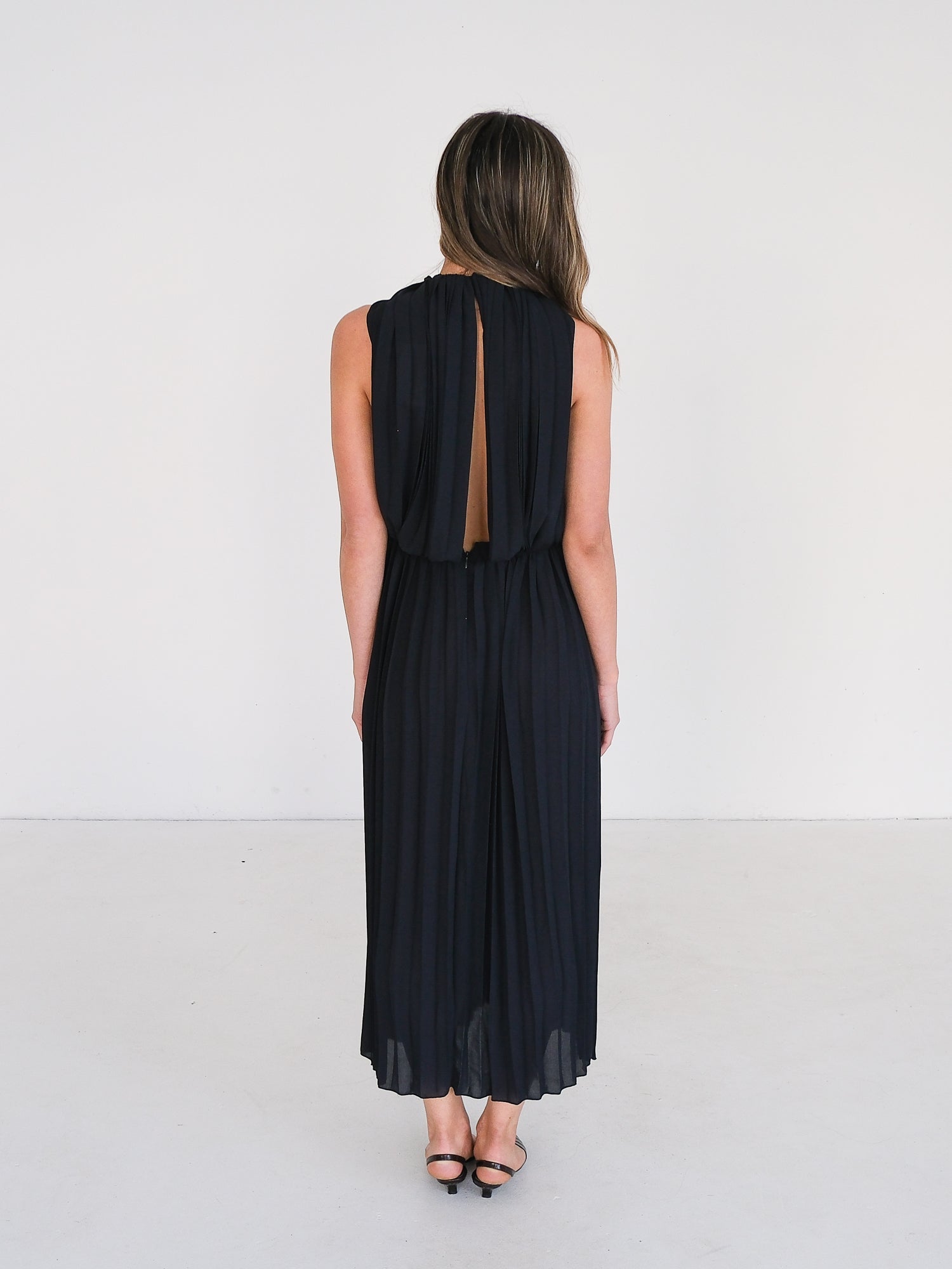 Pleated Open Back Midi Dress, Size AU 8