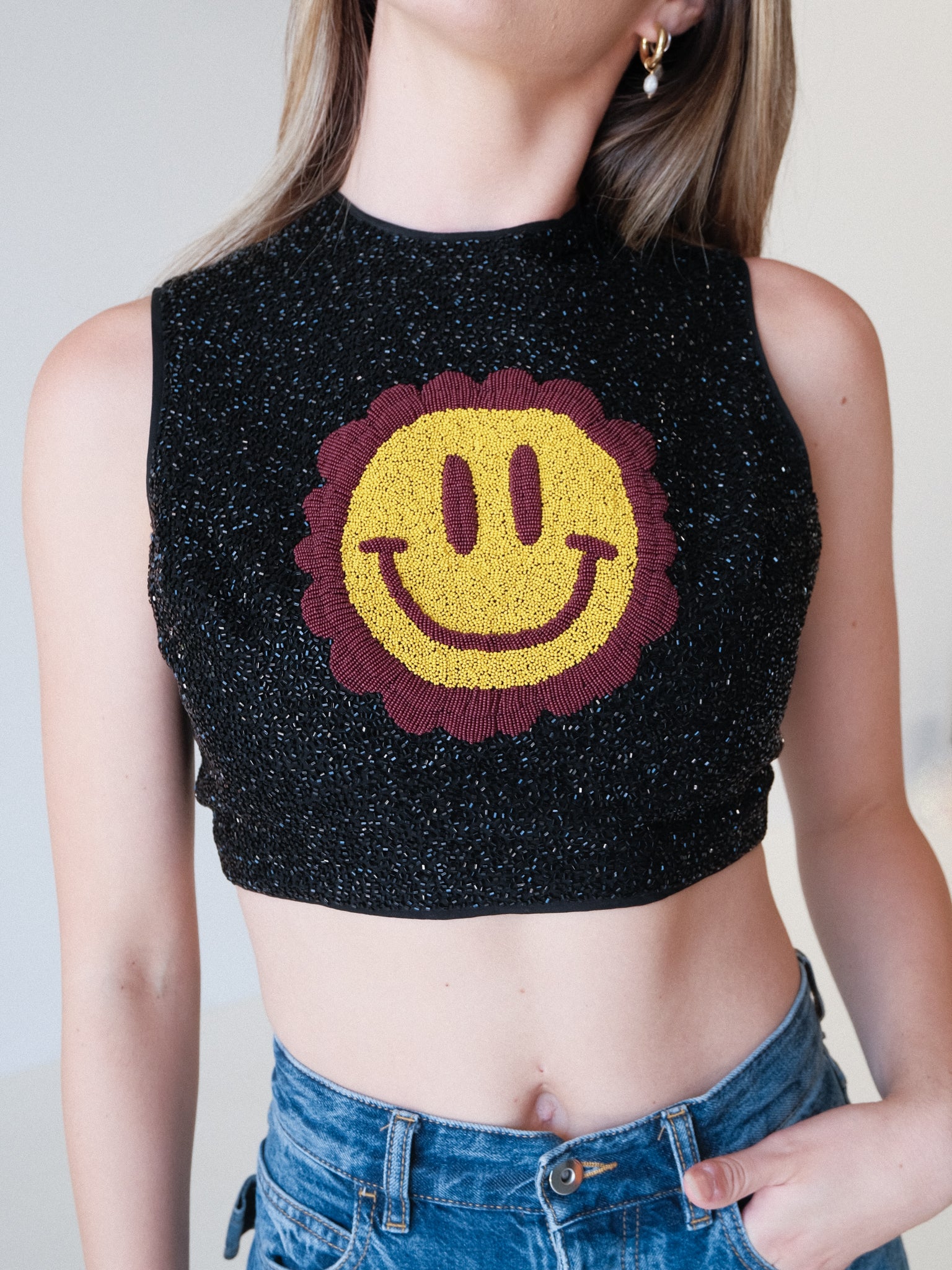 Smiley Graphic Beaded Tank Top, Size 34 | AU 6
