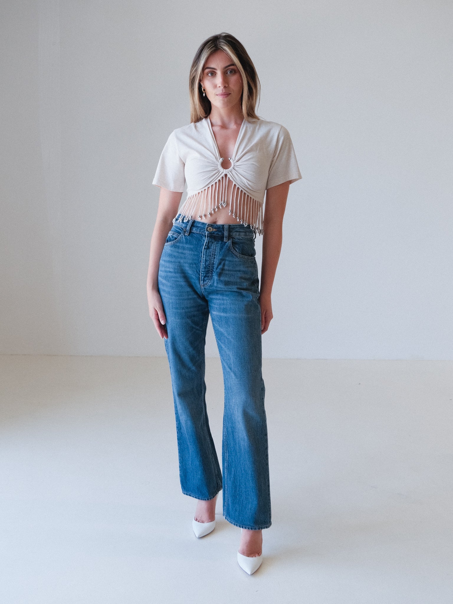 Fringed Beaded Cotton Jersey Crop Top, Size FR 36 | AU 8