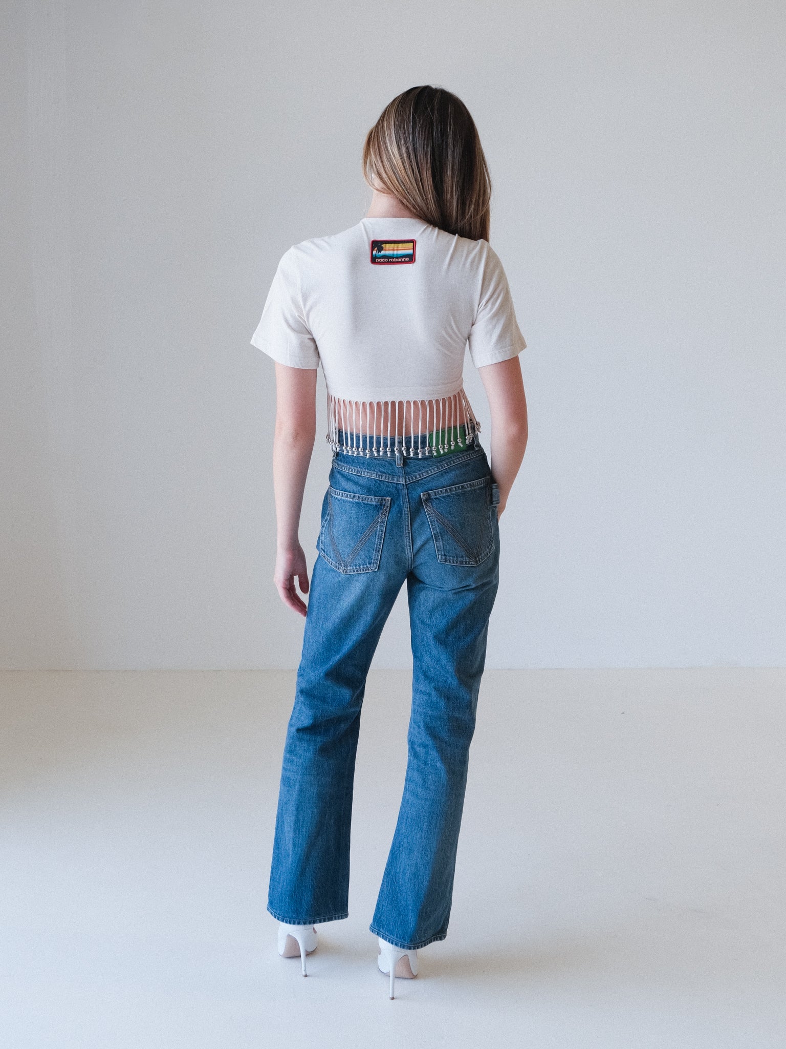 Fringed Beaded Cotton Jersey Crop Top, Size FR 36 | AU 8
