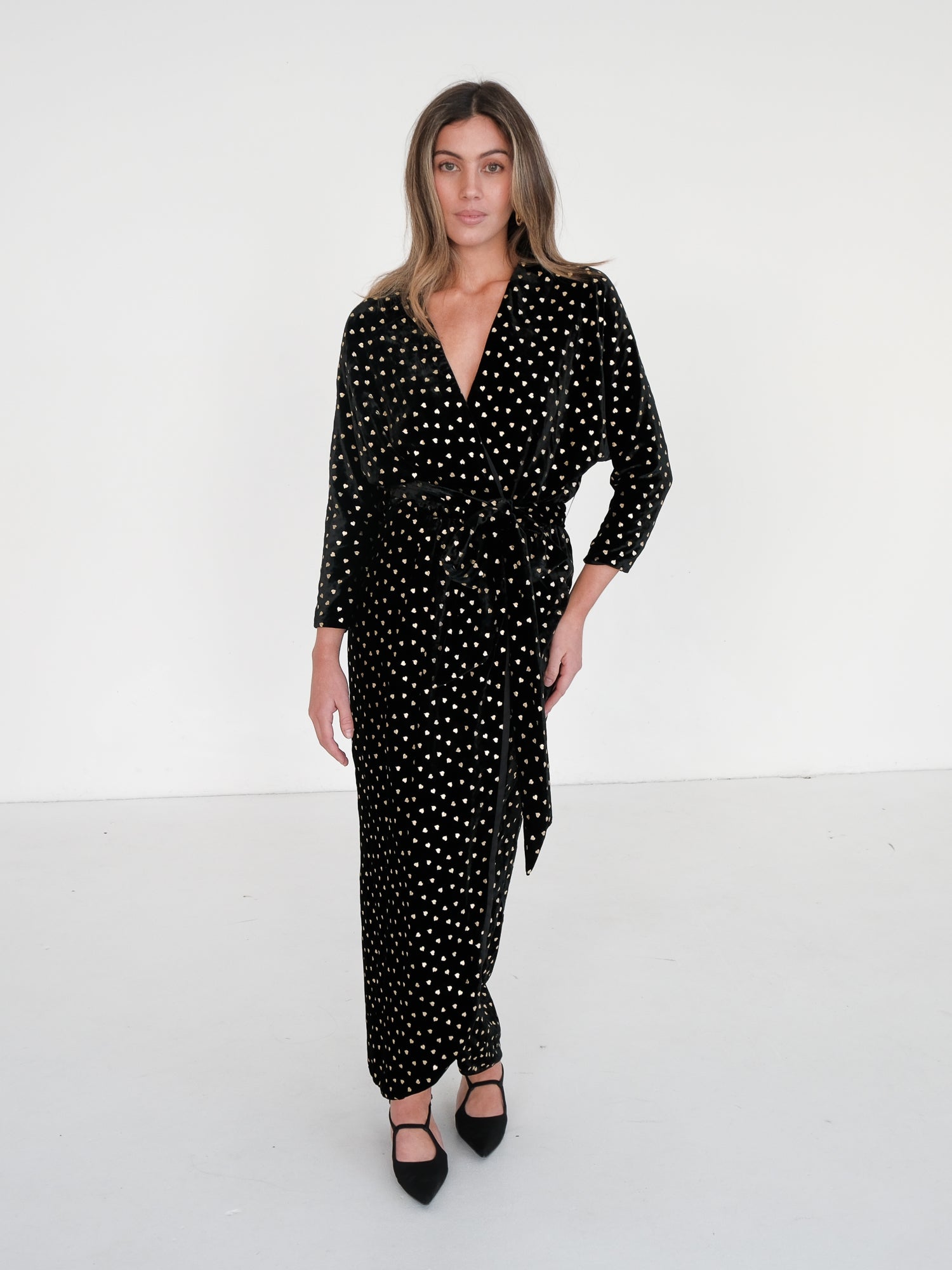 Foiled Heart Velvet Midi Dress, Size AU 8