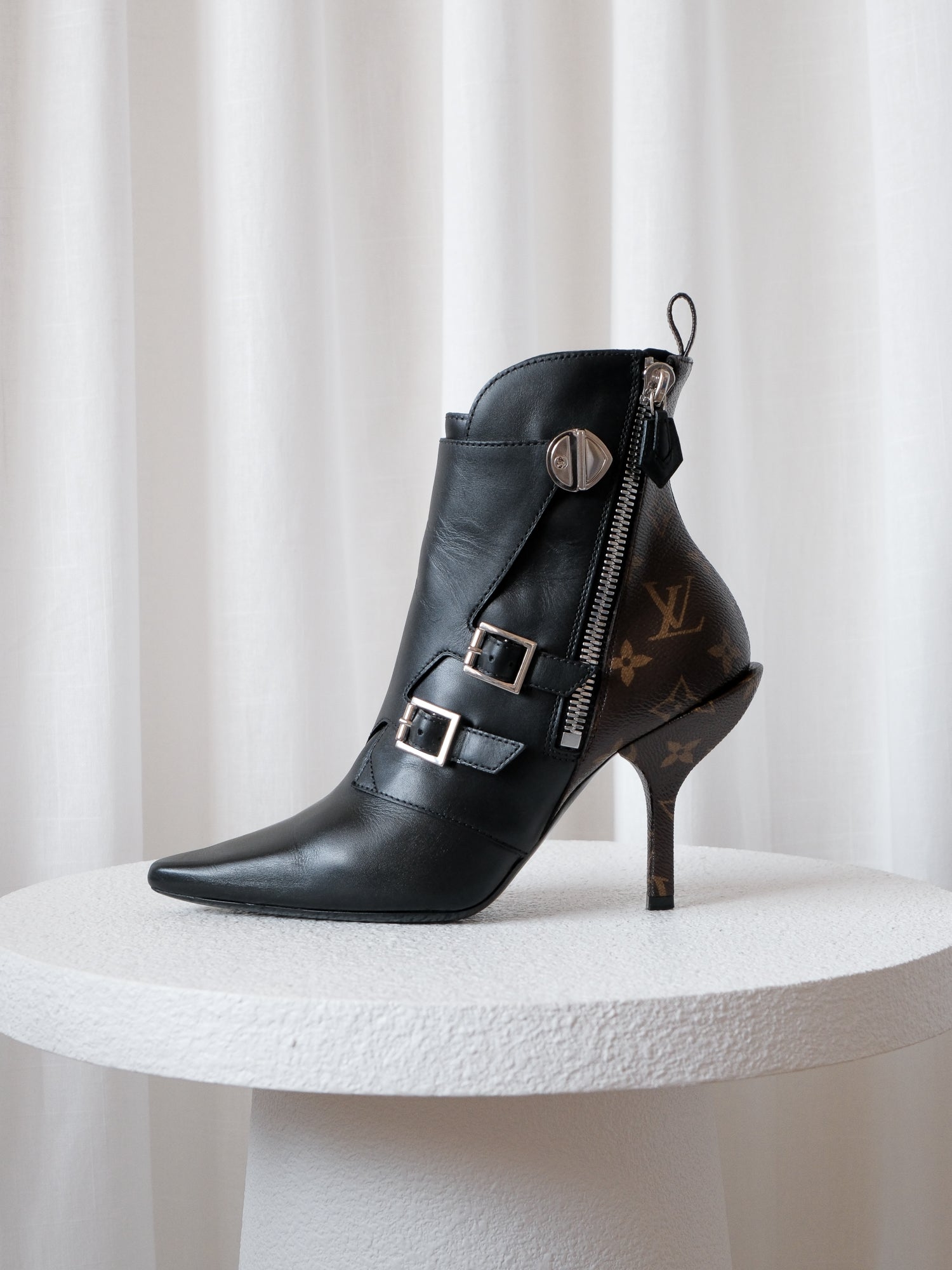 'Janet' Calfskin Monogram Ankle Boots, Size 37