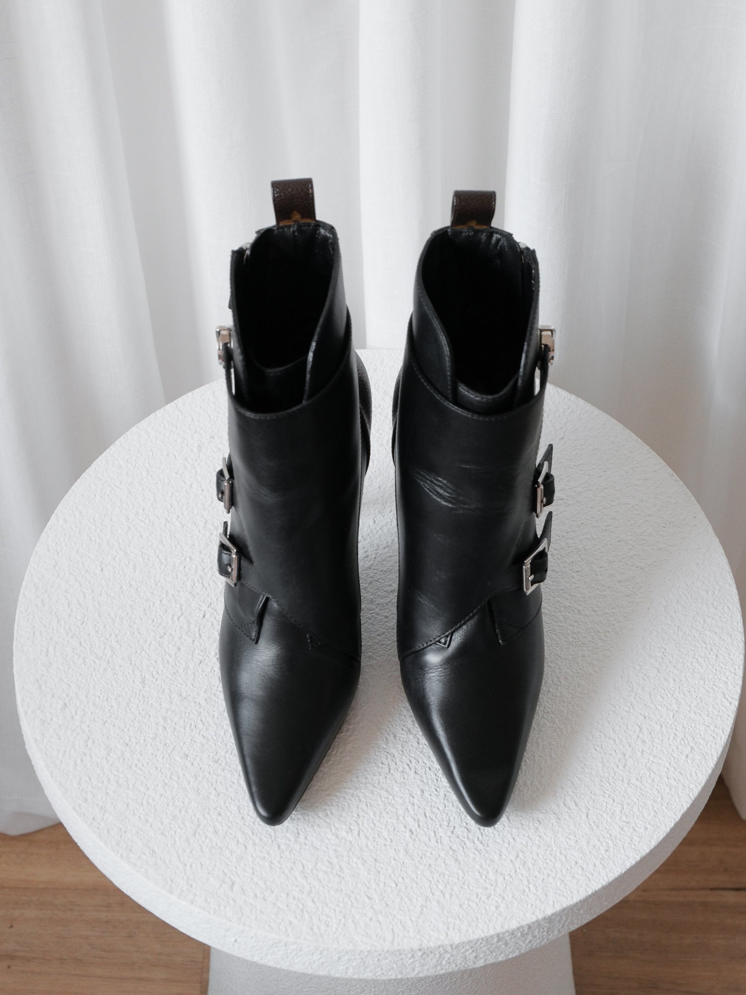 'Janet' Calfskin Monogram Ankle Boots, Size 37