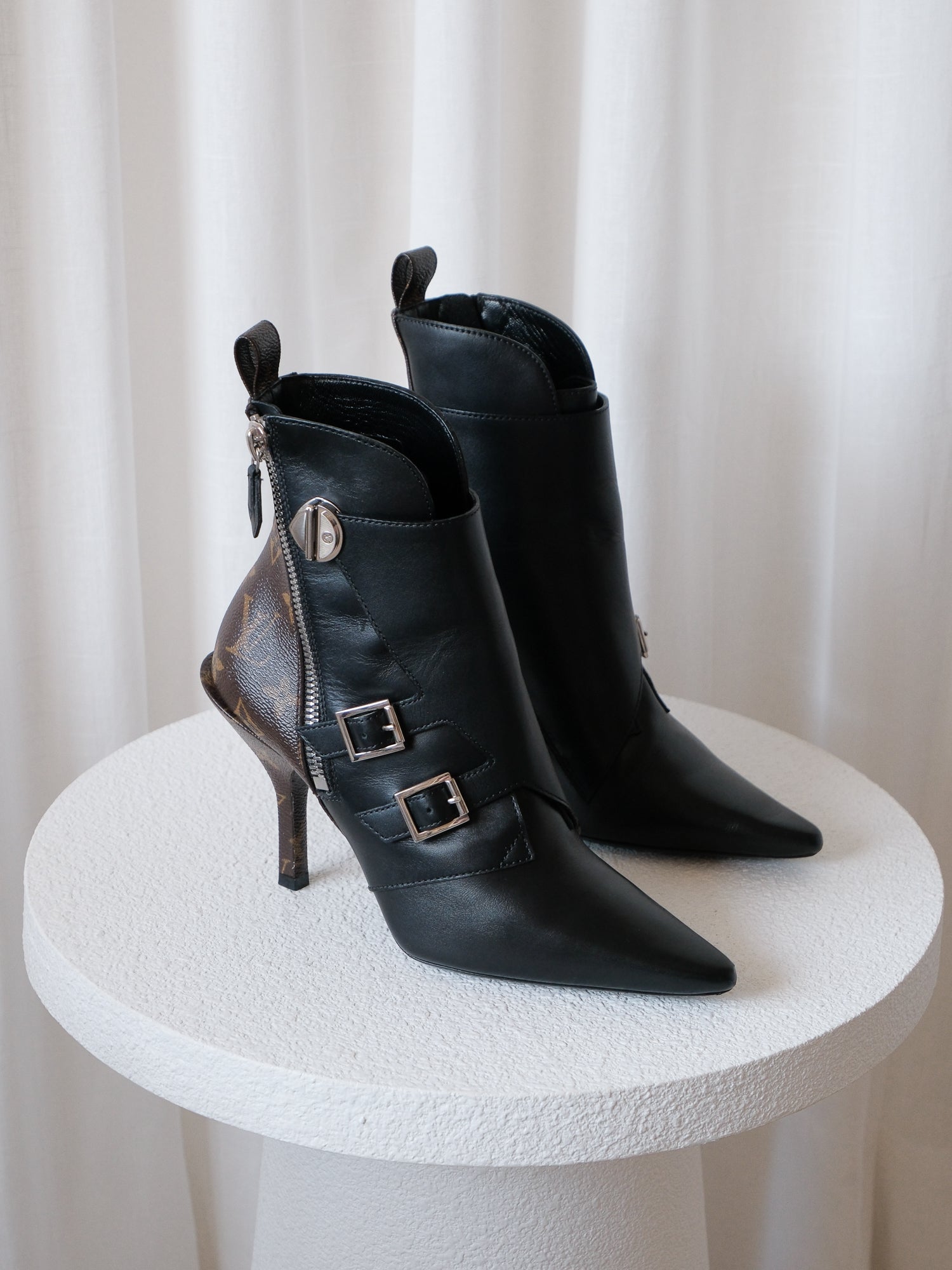 'Janet' Calfskin Monogram Ankle Boots, Size 37