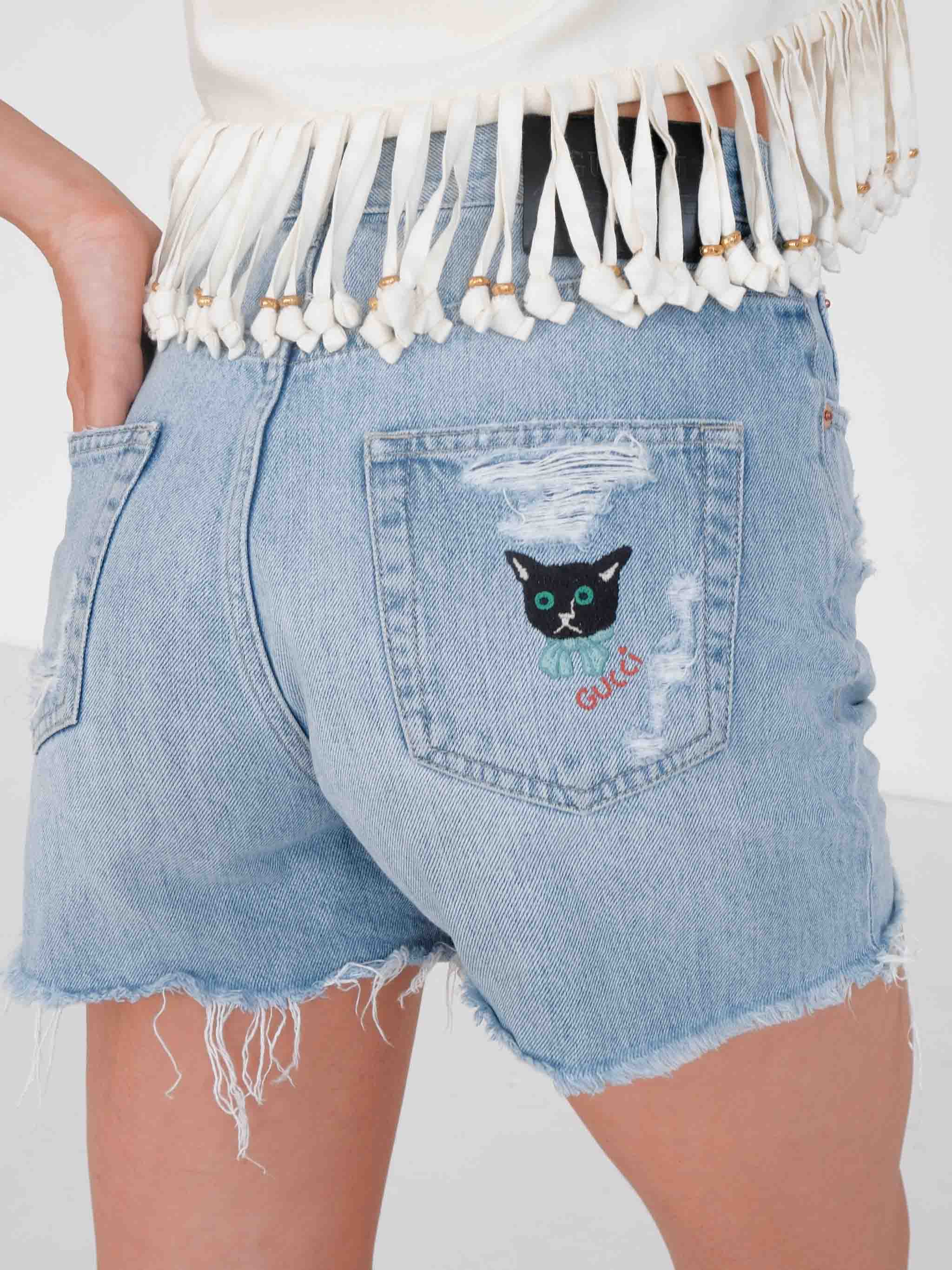 Cat-Embroidered Denim Shorts, Size 26
