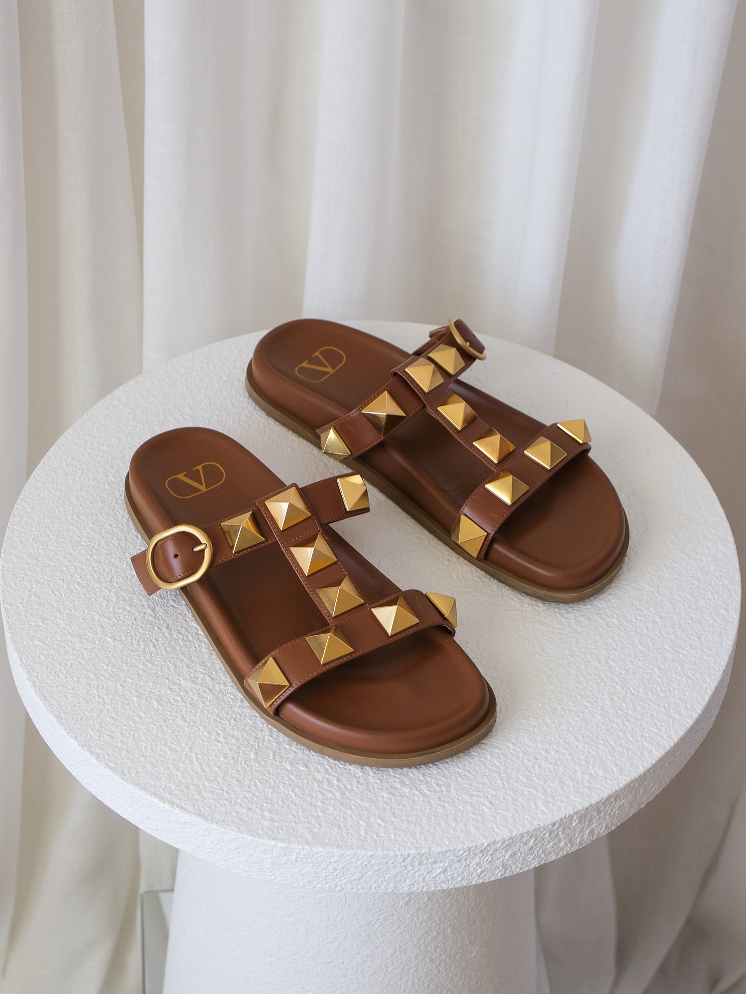 'Roman Stud' Calfskin Slide Sandals, Size 38