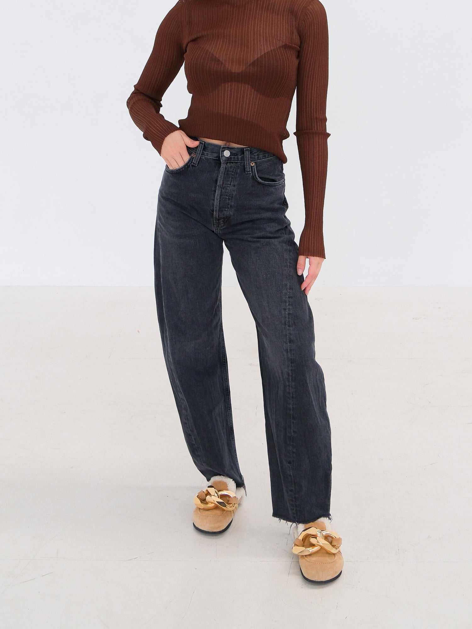 'Luna' High Rise Pieced Taper Jeans, Size 24